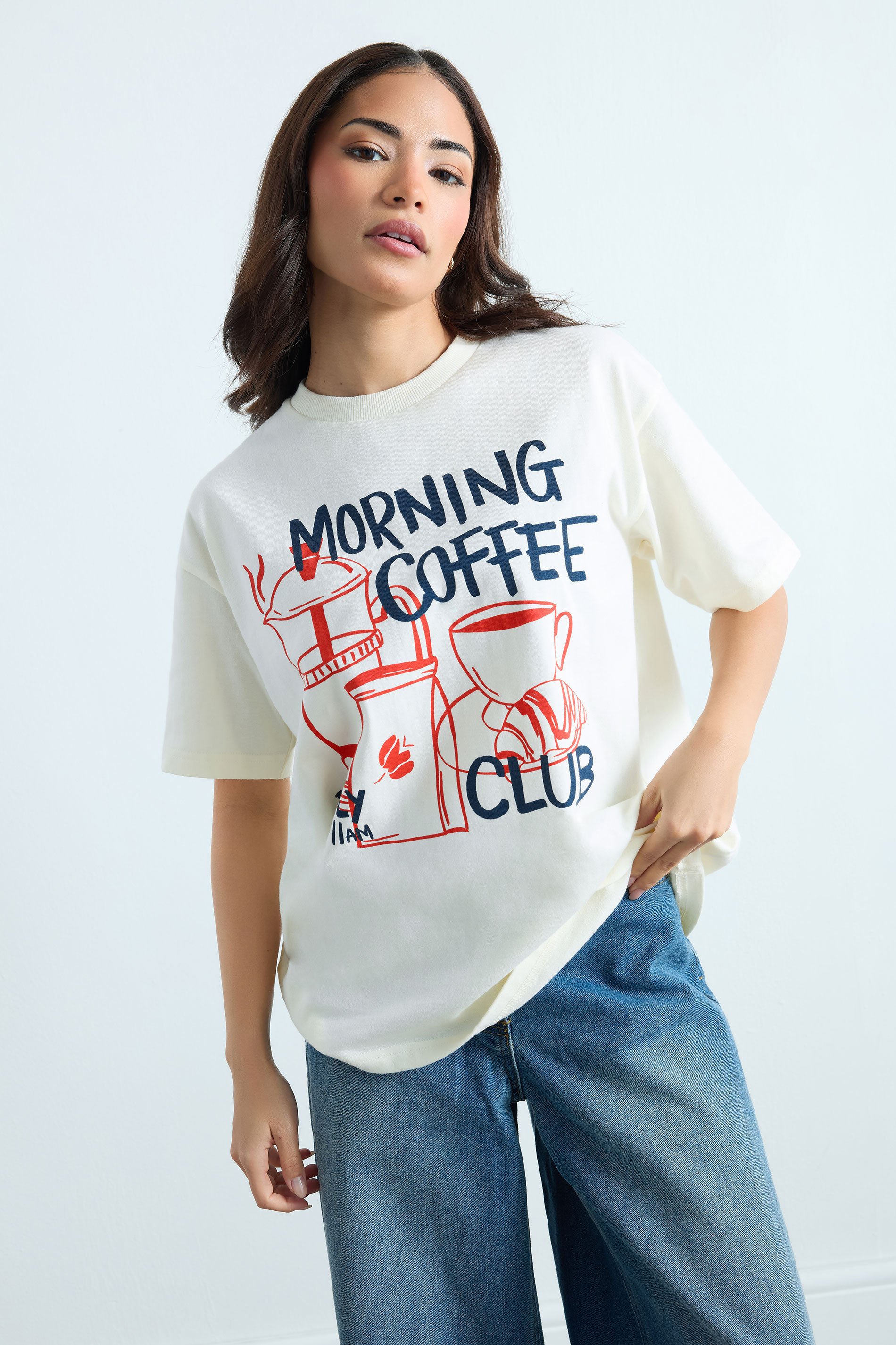 PixieGirl Petite Women's Cream 'Morning Coffee Club' Oversized T-Shirt | PixieGirl 1