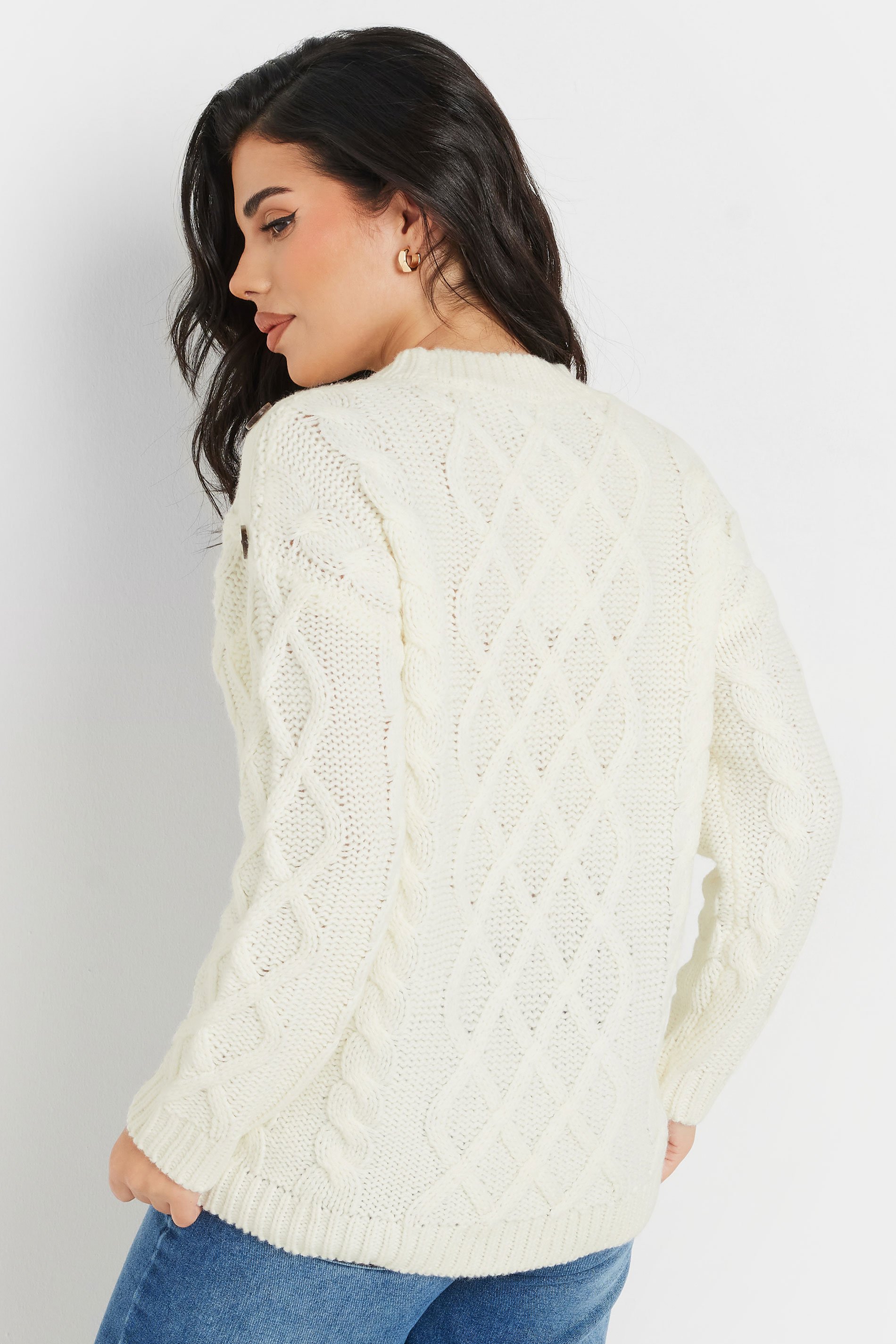 PixieGirl Petite Women's Ivory White Cable Knit Button Jumper | PixieGirl 3