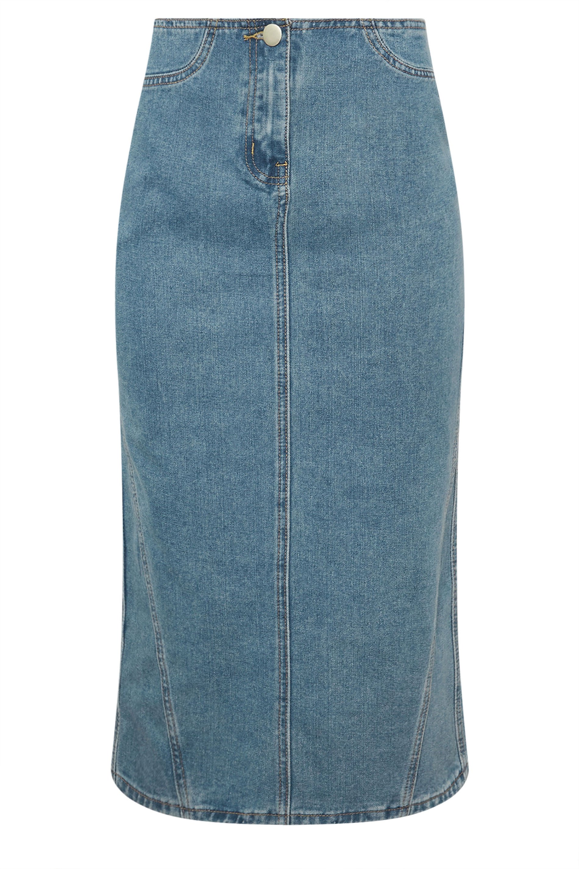 PixieGirl Petite Women's Light Blue Denim Seam Midi Skirt | PixieGirl 5