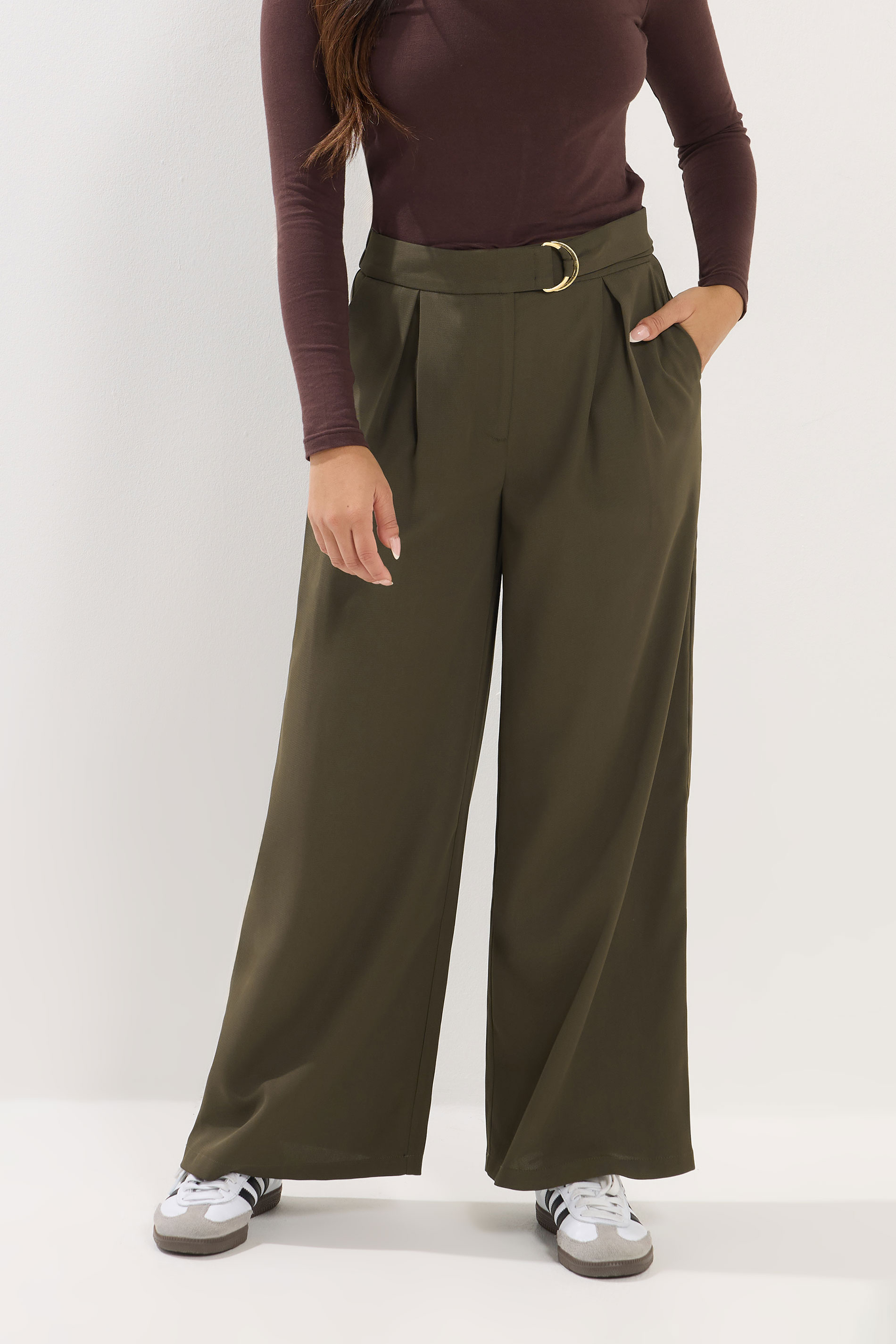 PixieGirl Petite Women's Olive Green Belted Wide Leg Trousers | PixieGirl 1