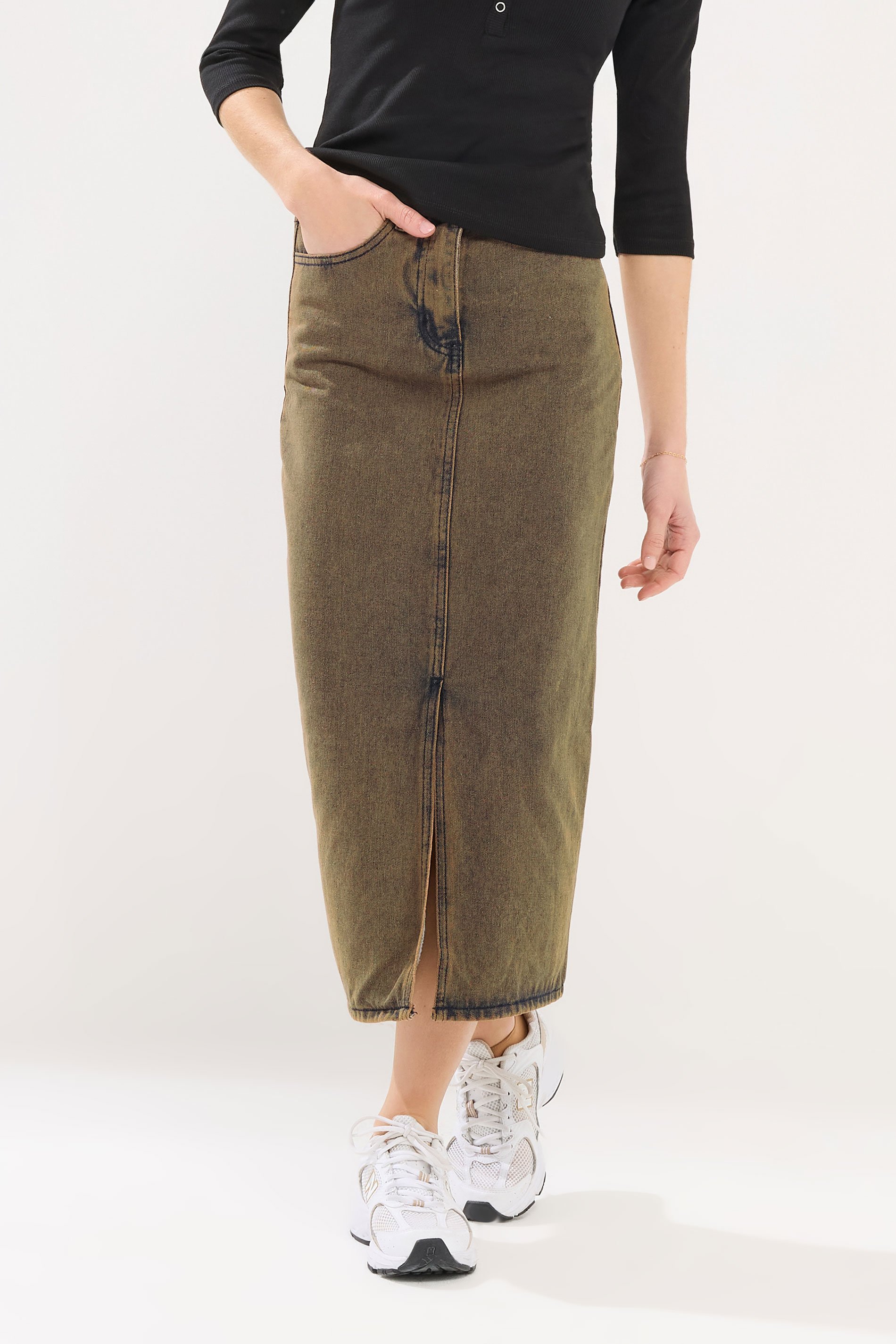 PixieGirl Petite Women's Brown Acid Wash Midi Skirt | PixieGirl 2
