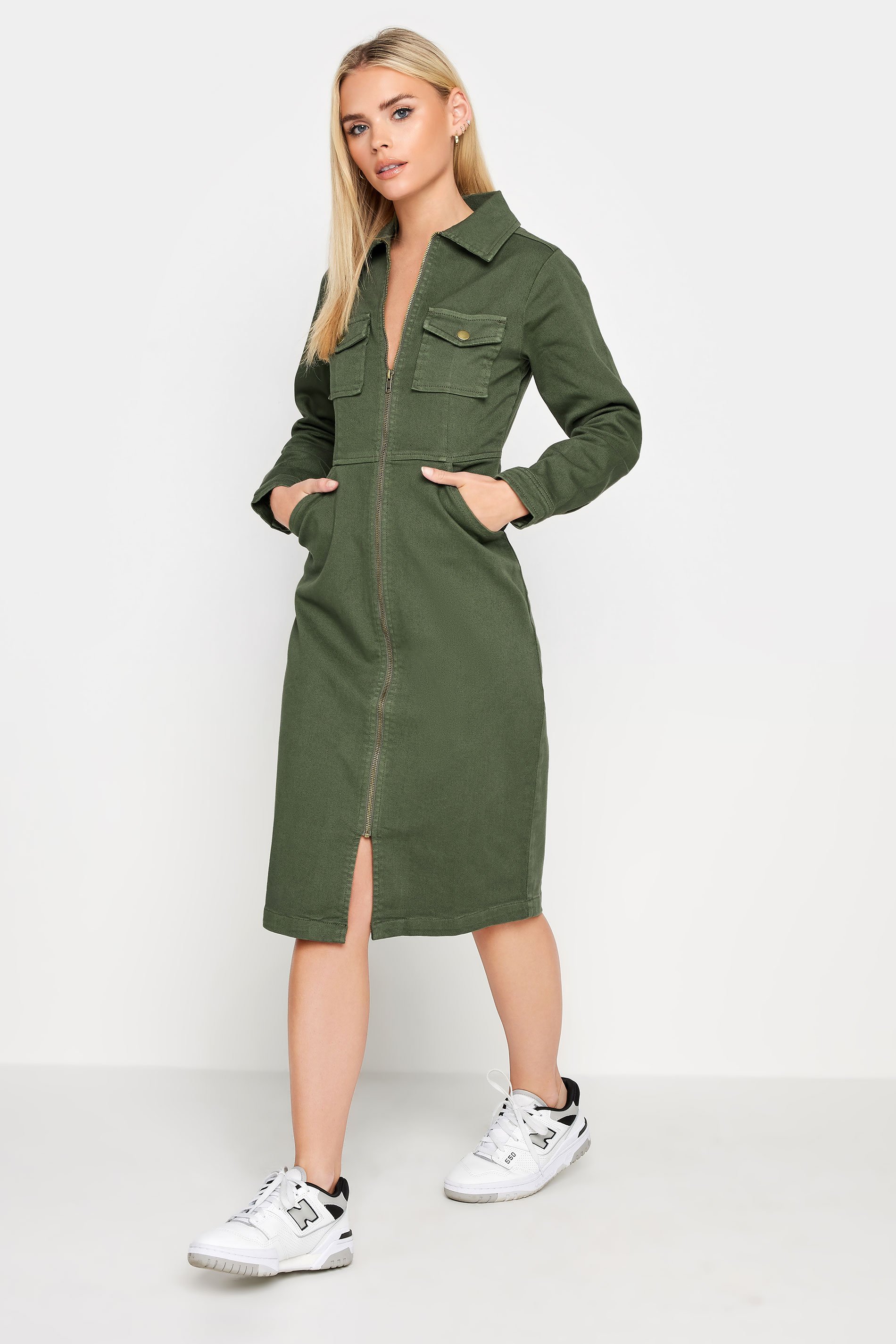 PixieGirl Petite Khaki Green Zip Denim Midi Dress | PixieGirl  1