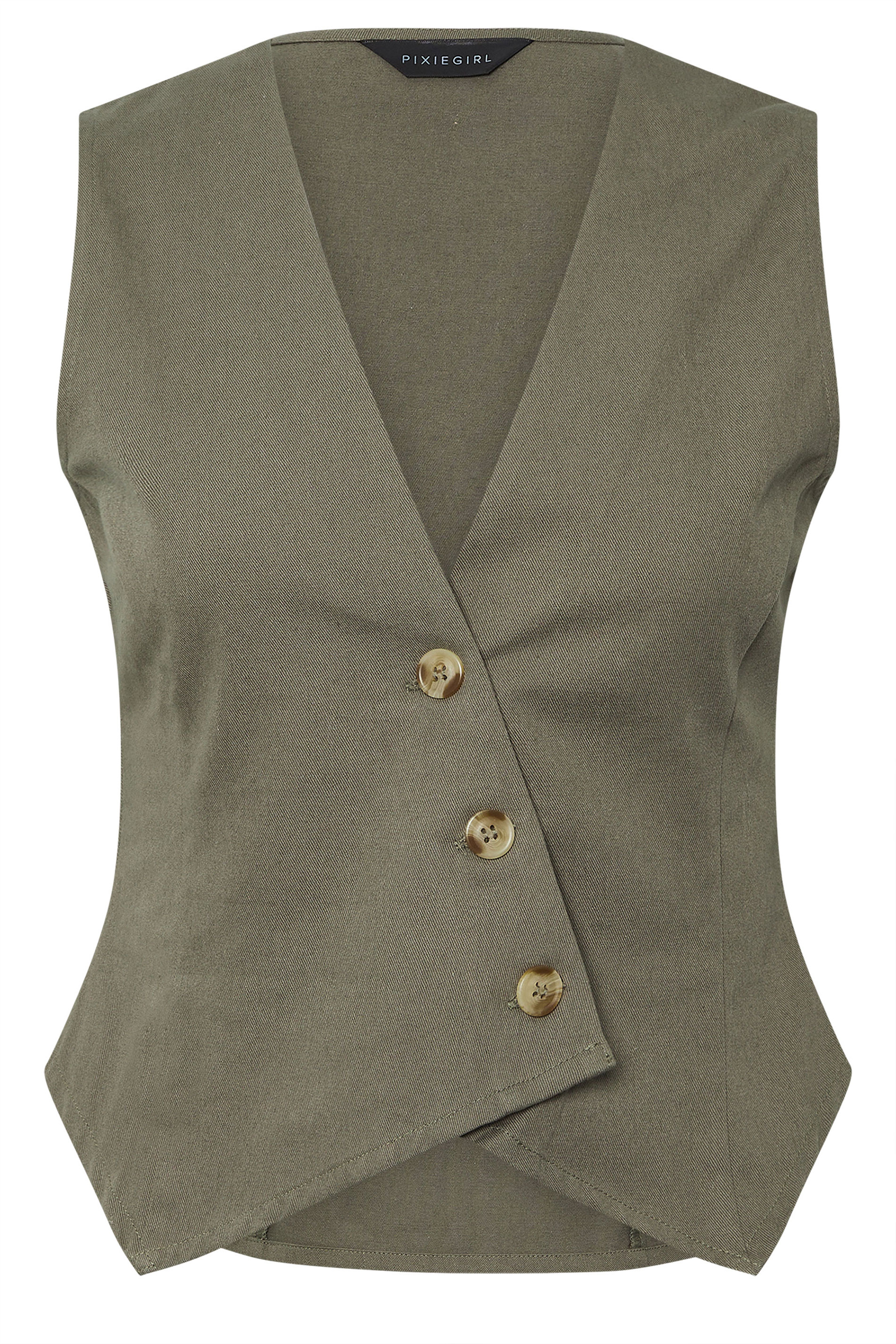 PixieGirl Petite Women's Khaki Green Asymmetric Button Waistcoat | PixieGirl 7