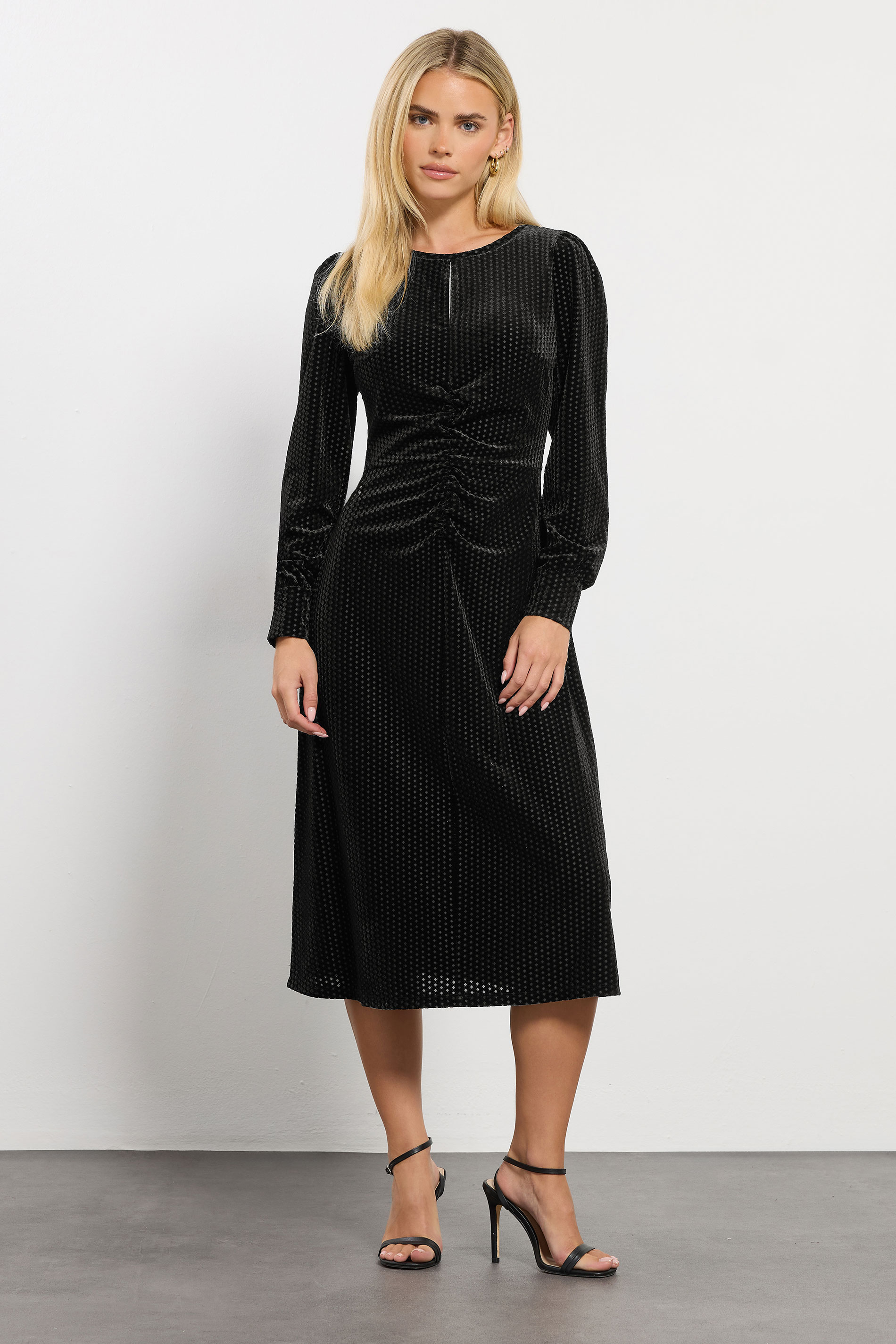 M&Co Petite Black Ruched Front Velvet Dress | M&Co 3