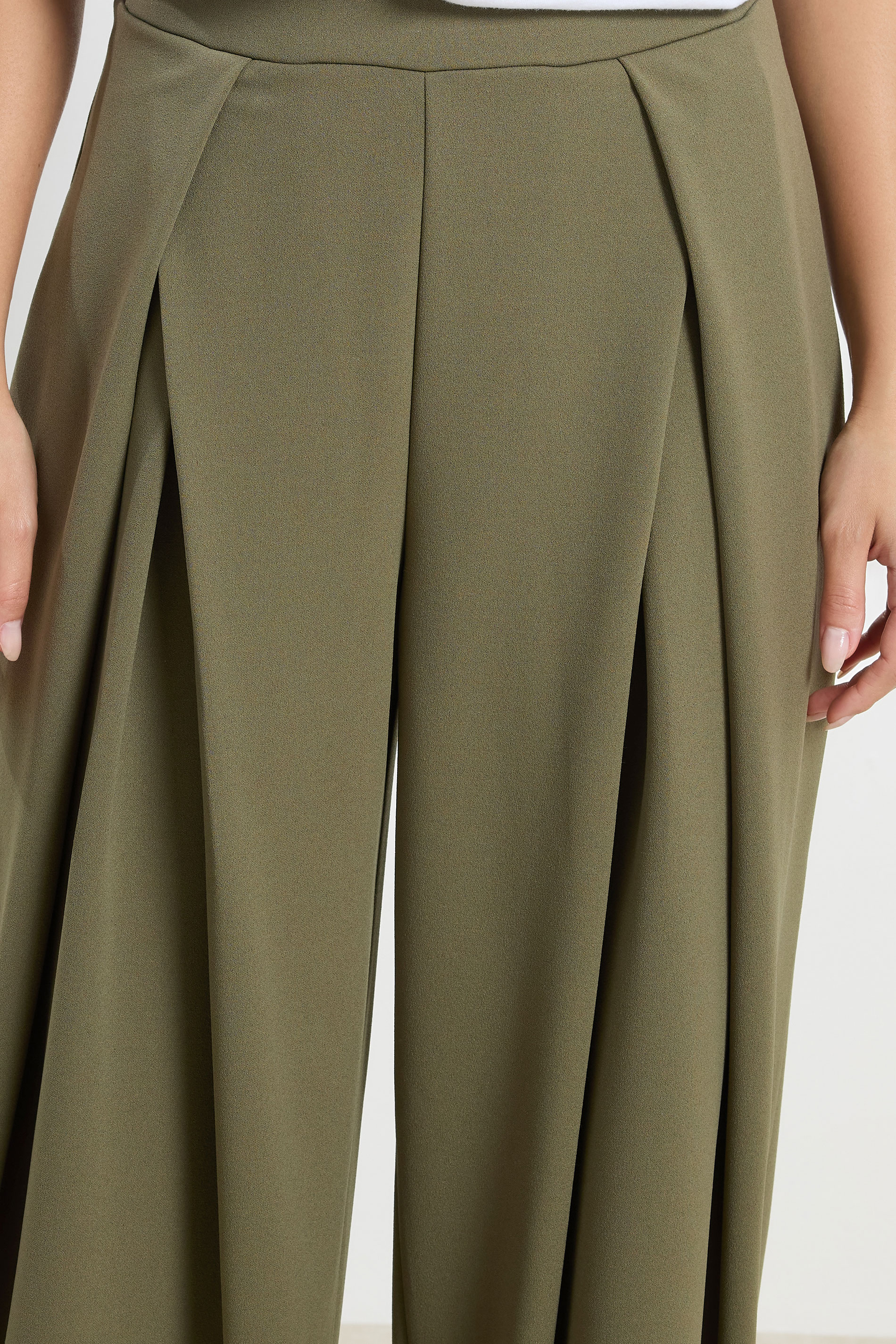 PixieGirl Petite Women's Khaki Brown Wrap Pleated Wide Leg Trousers | PixieGirl  4