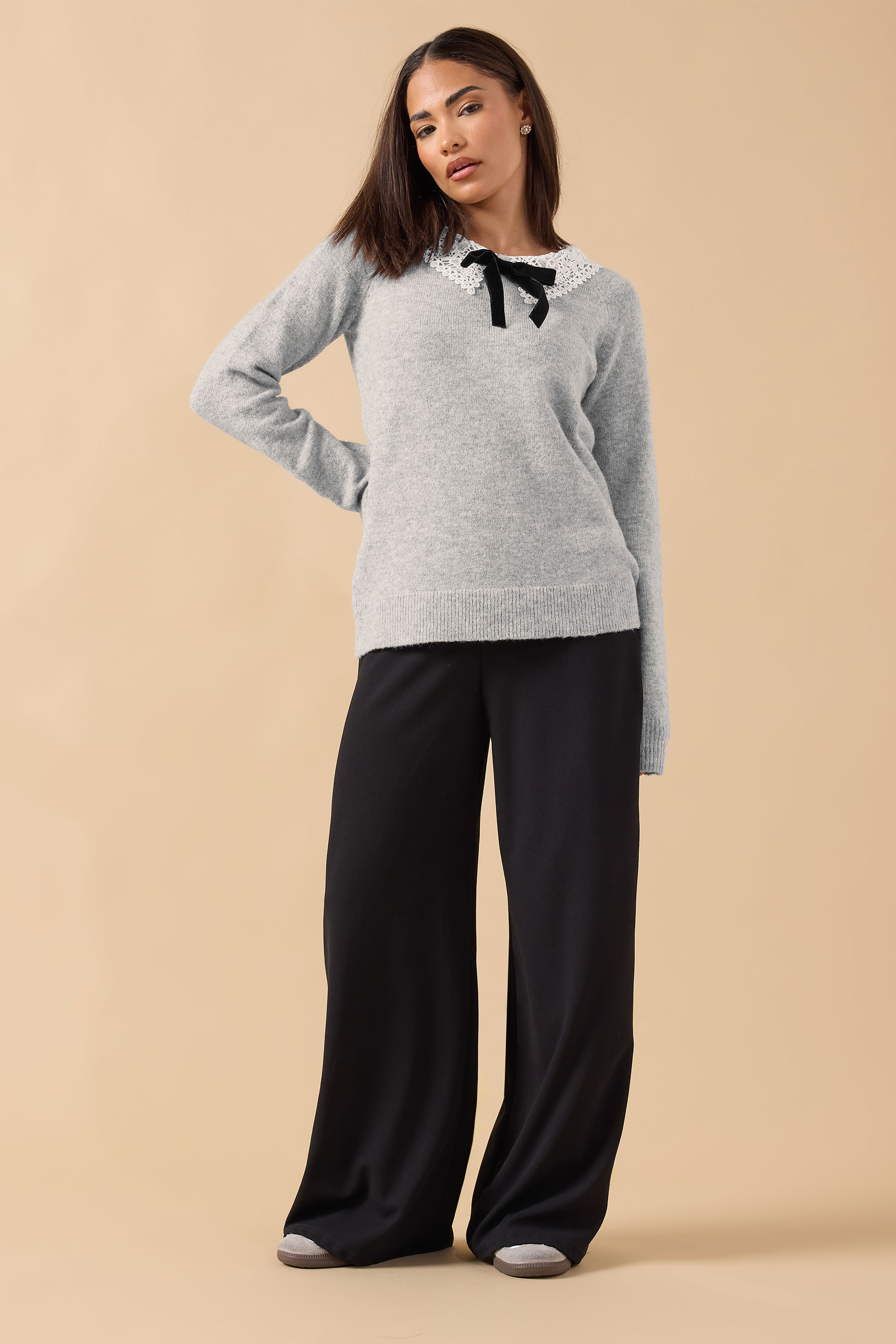 PixieGirl Petite Women's Grey Lace Collar Bow Jumper | PixieGirl 2