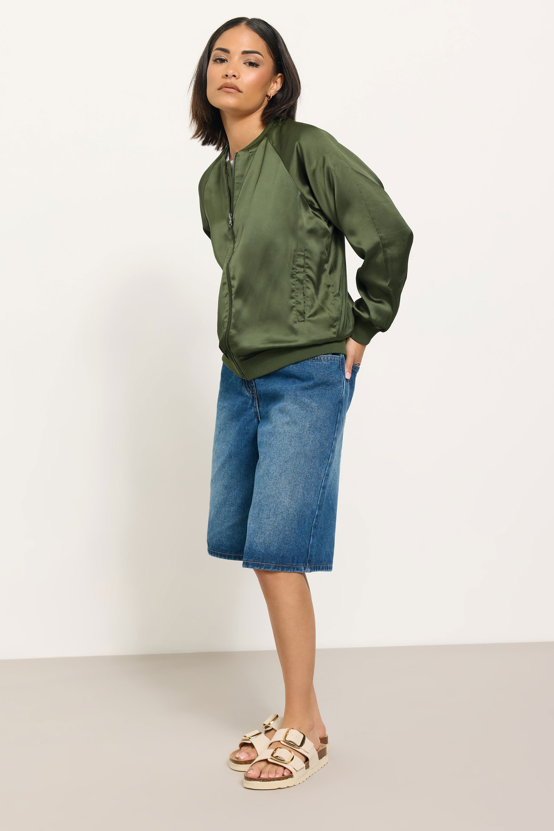 PixieGirl Petite Olive Green Satin Bomber Jacket | PixieGirl  3