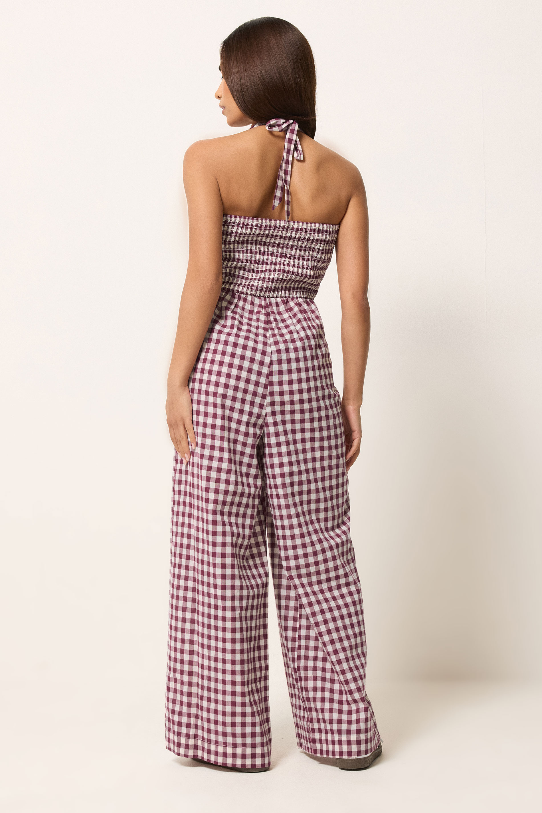PixieGirl Petite Women's Plum Purple Gingham Wide Leg Jumpsuit | PixieGirl 2