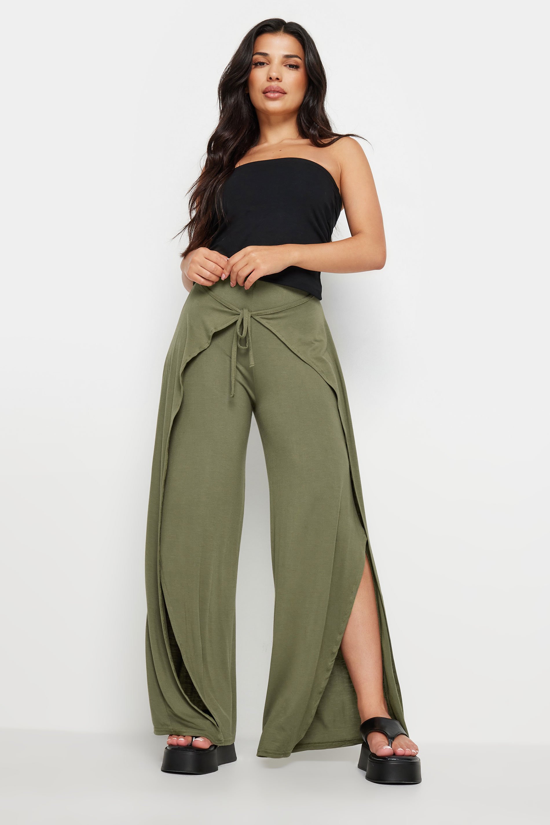 PixieGirl Petite Women's Khaki Green Wide Leg Wrap Trousers | PixieGirl 1