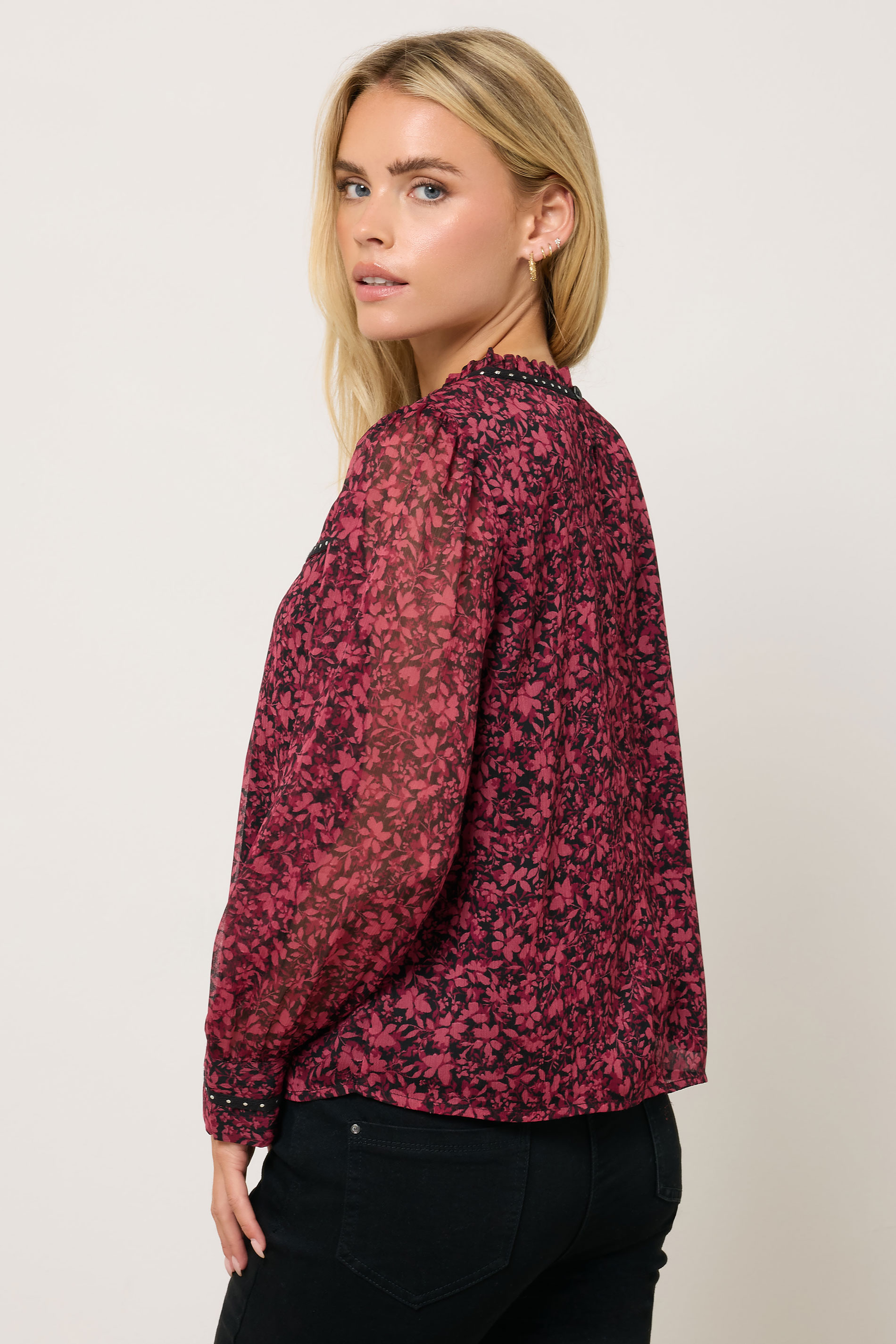 M&Co Petite Black & Berry Floral Stud Detail Blouse | M&Co 4
