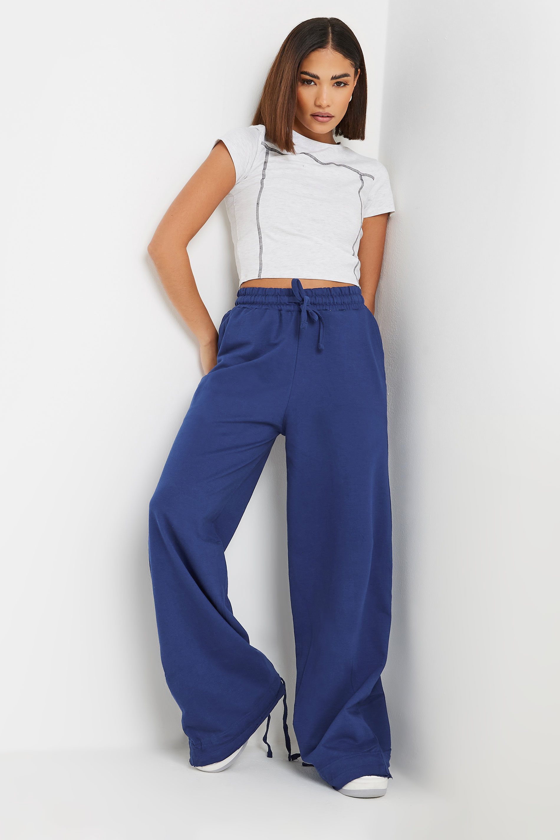 PixieGirl Petite Women's Navy Blue Wide Leg Hem Detail Jogger | PixieGirl 2