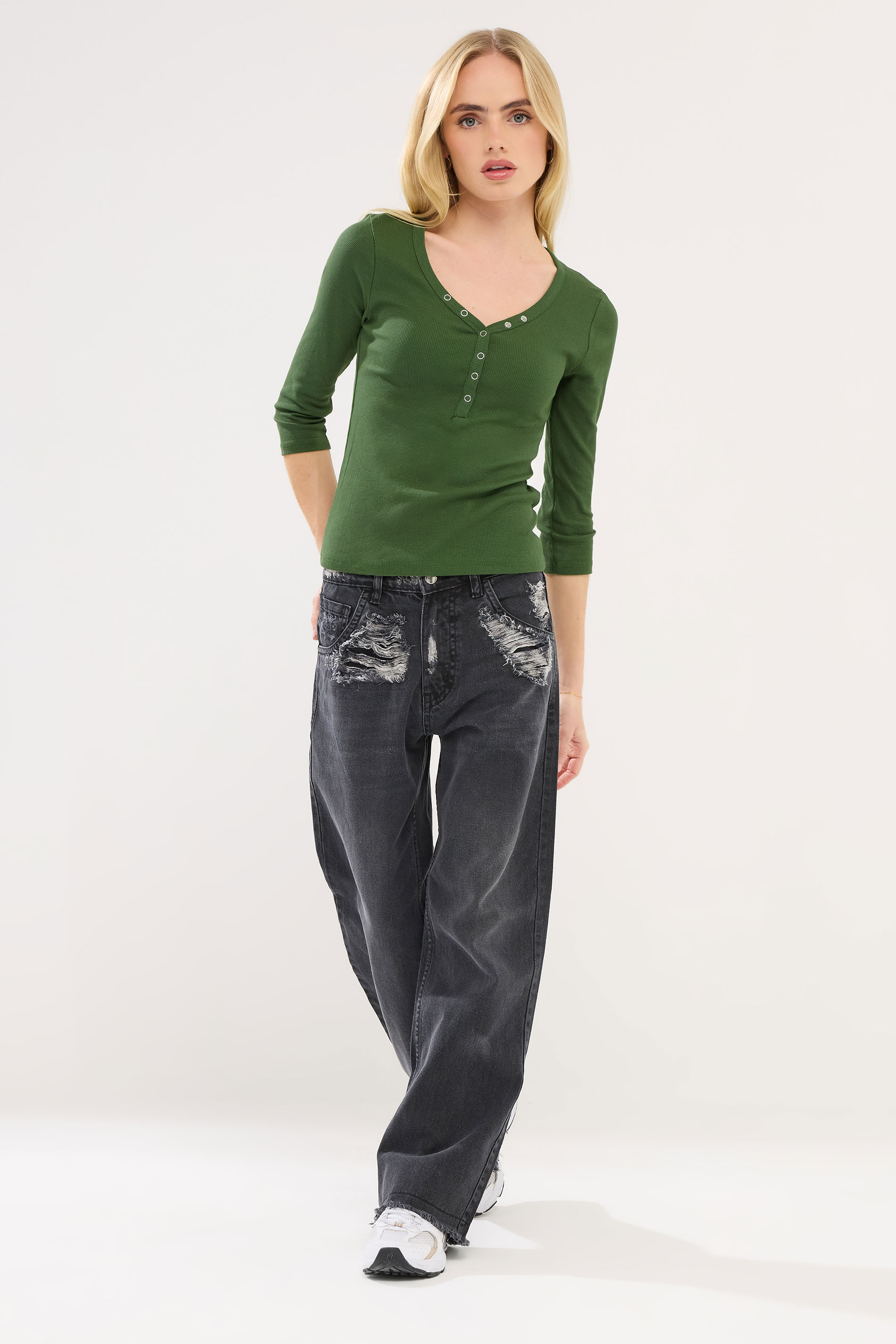 PixieGirl Petite Women's 2 PACK Black & Khaki Green Button Henley Tops | PixieGirl 3