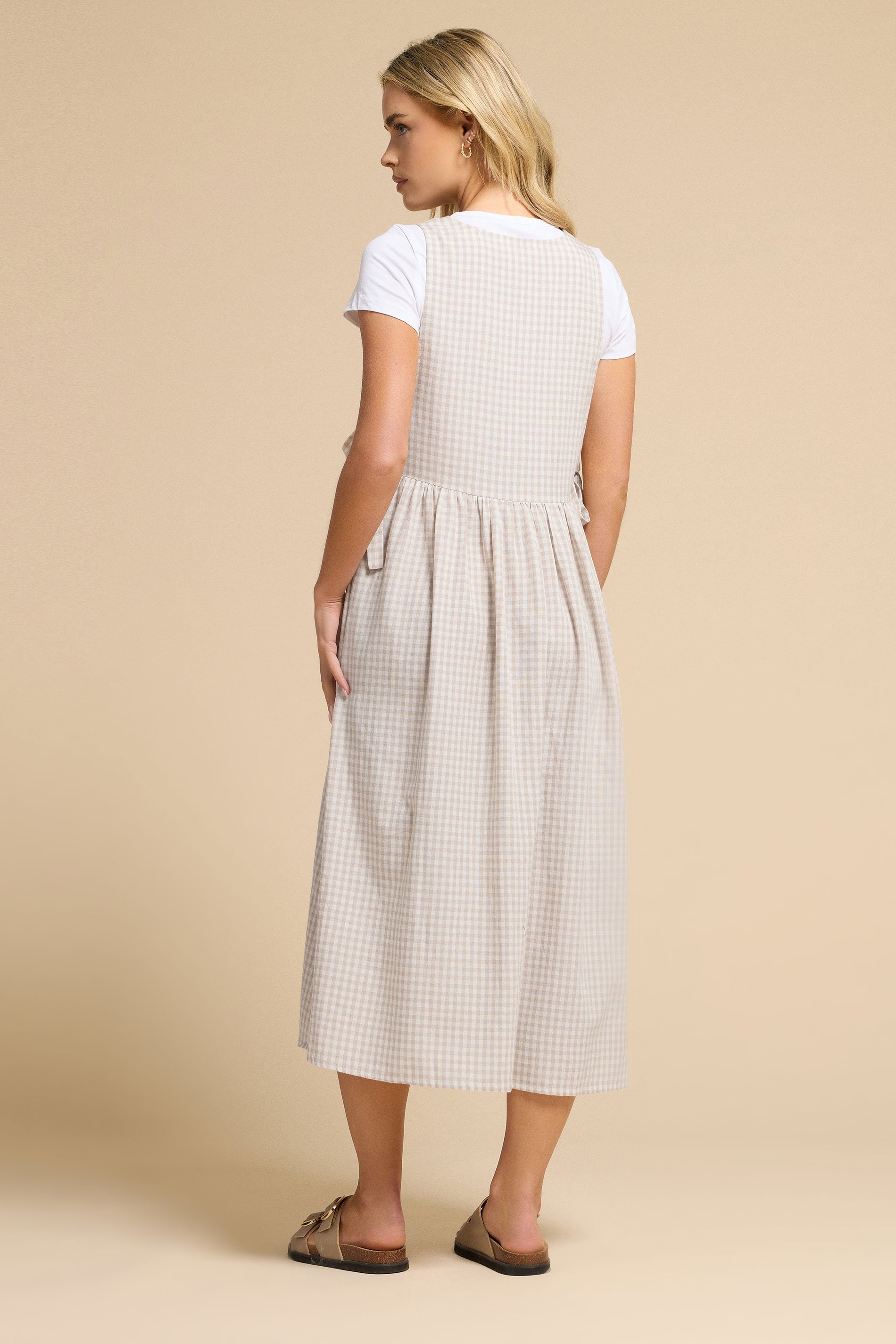 PixieGirl Petite Women's Natural Brown Gingham Tie Side Pinafore Dress | PixieGirl 3