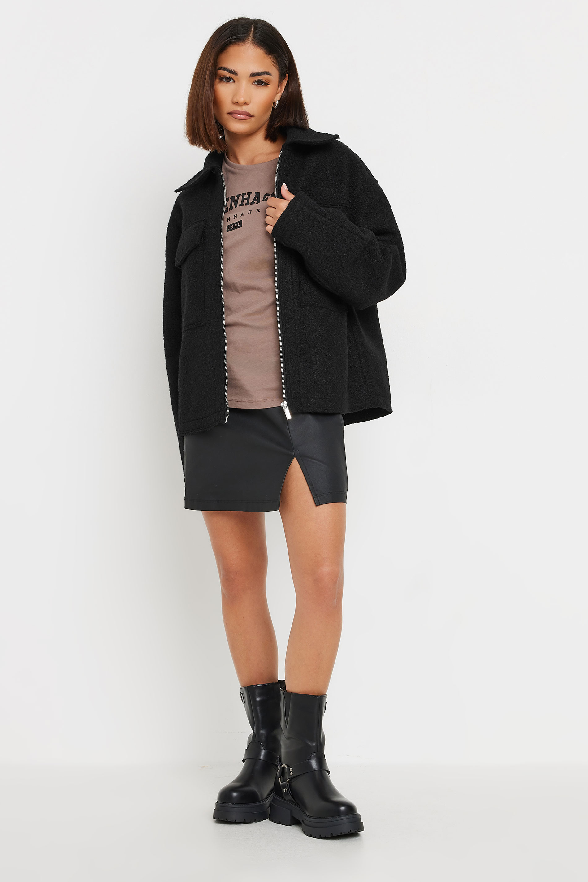 PixieGirl Petite Women's Black Boucle Zip Through Shacket | PixieGirl 3