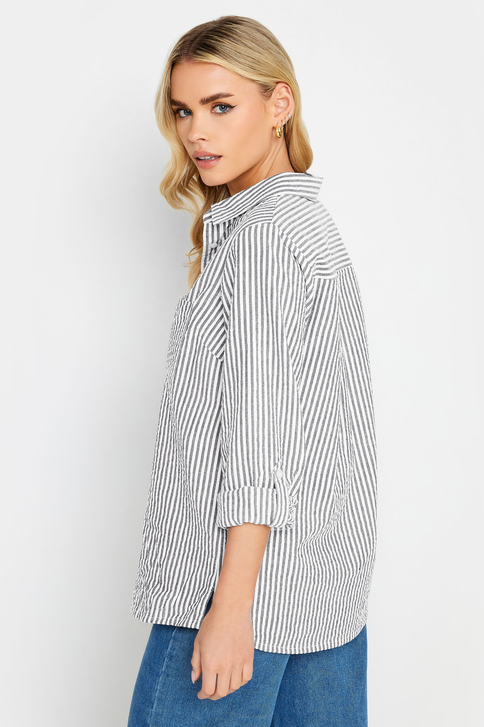 Petite Grey Stripe Print Collared Shirt | PixieGirl 3