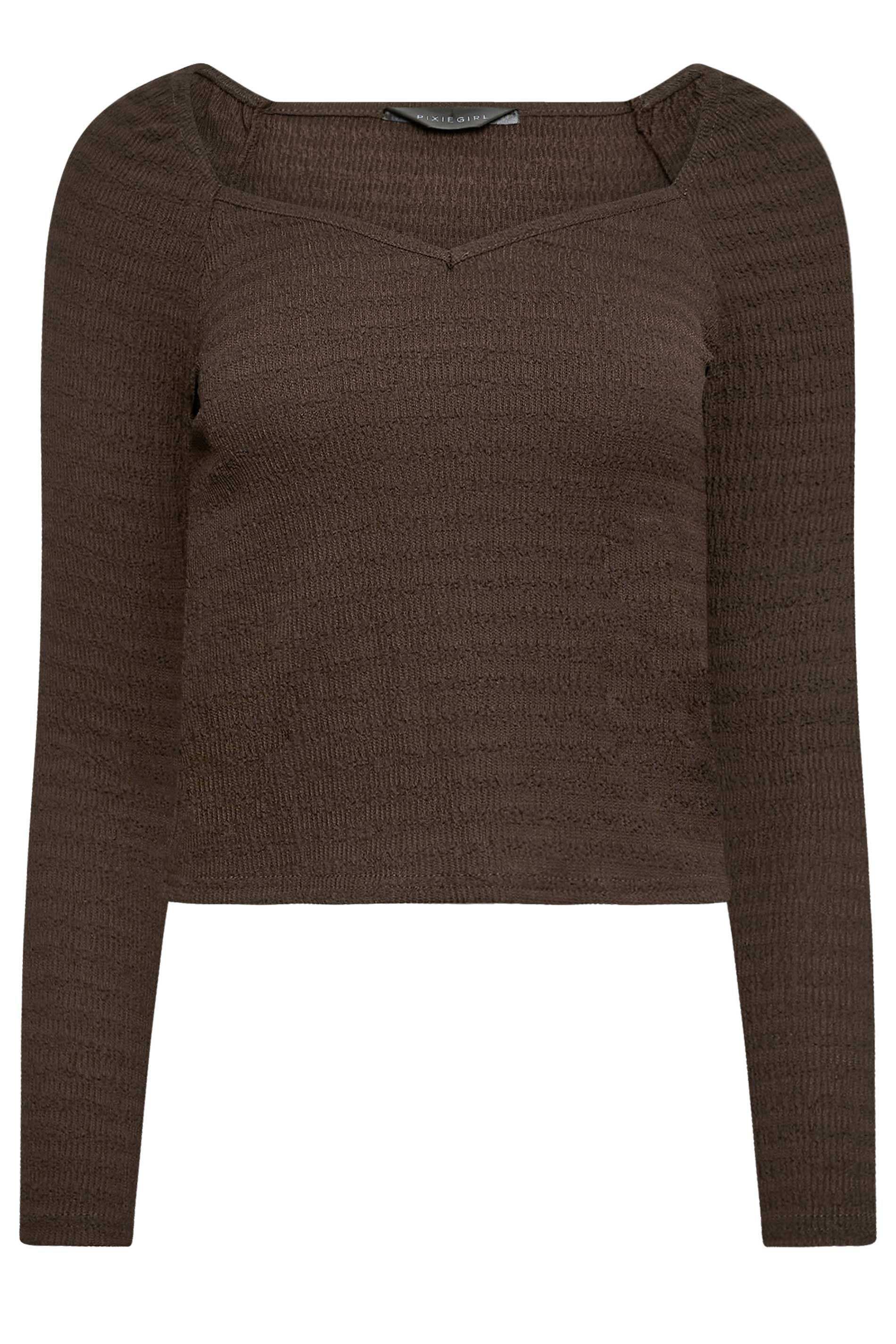 PixieGirl Dark Brown Long Sleeve Textured Top | PixieGirl  5
