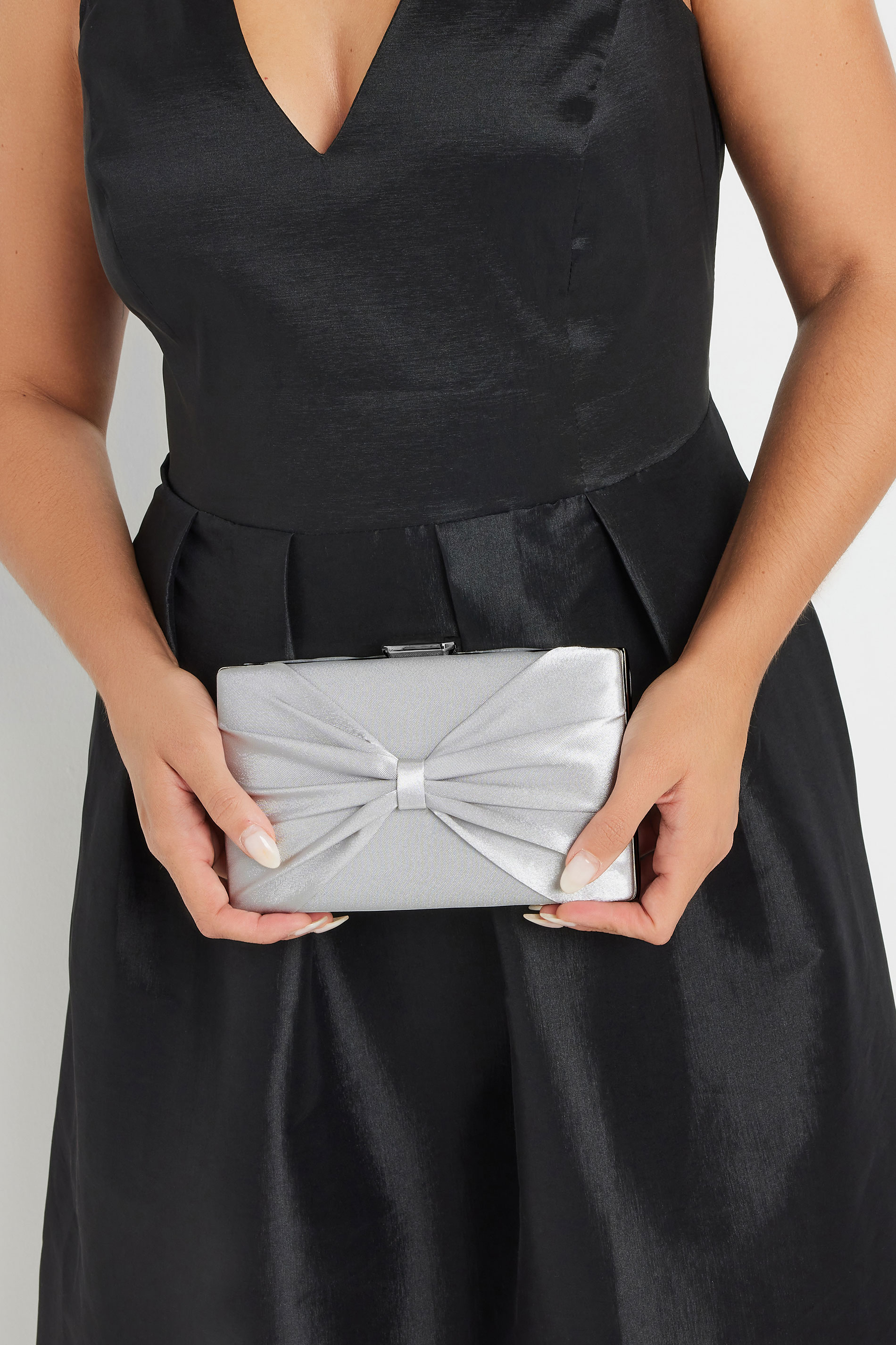 Silver Satin Bow Detail Clutch Bag | Yours Clothing 3