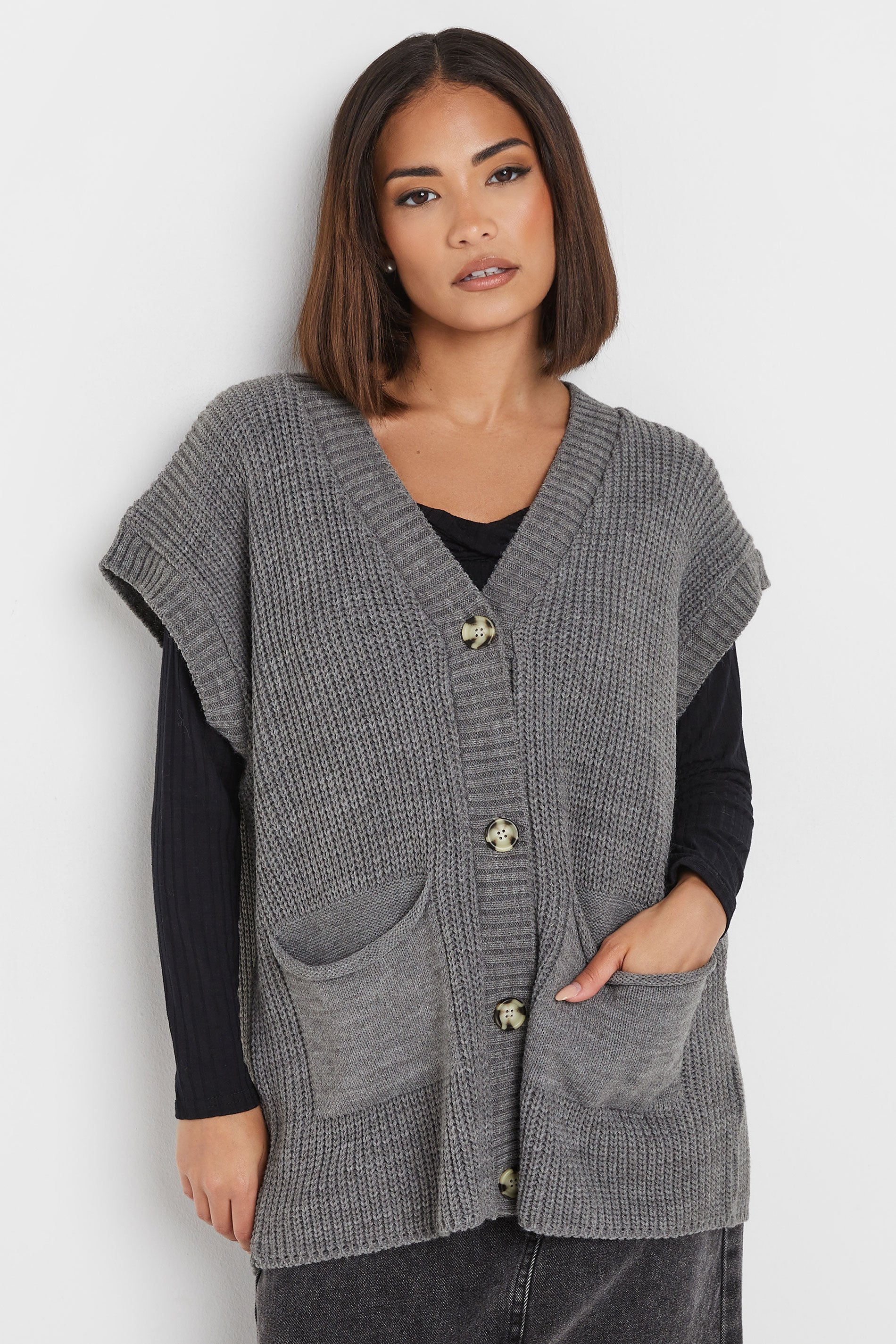 PixieGirl Petite Women's Grey Sleeveless Knit Cardigan | PixieGirl 1