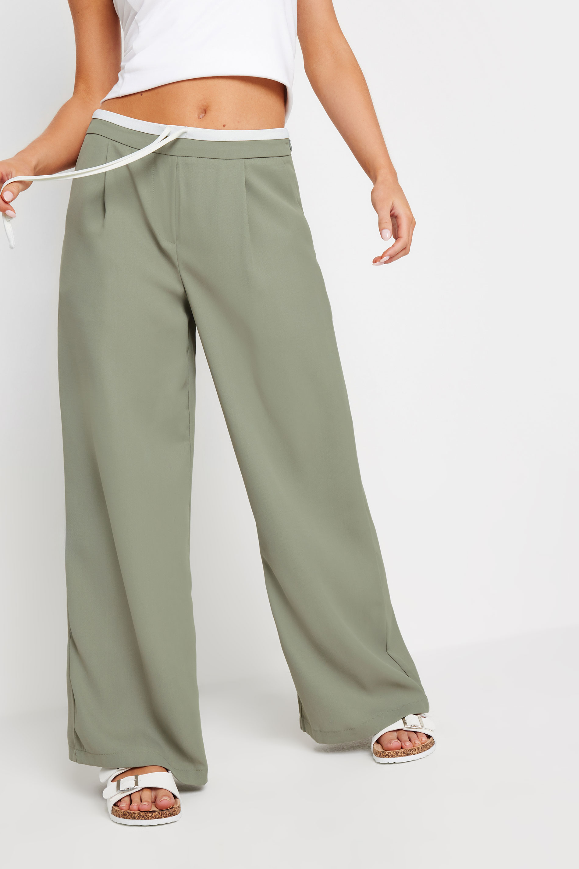 PixieGirl Petite Womens Sage Green Contrast Waist Wide Leg Trousers | PixieGirl 2