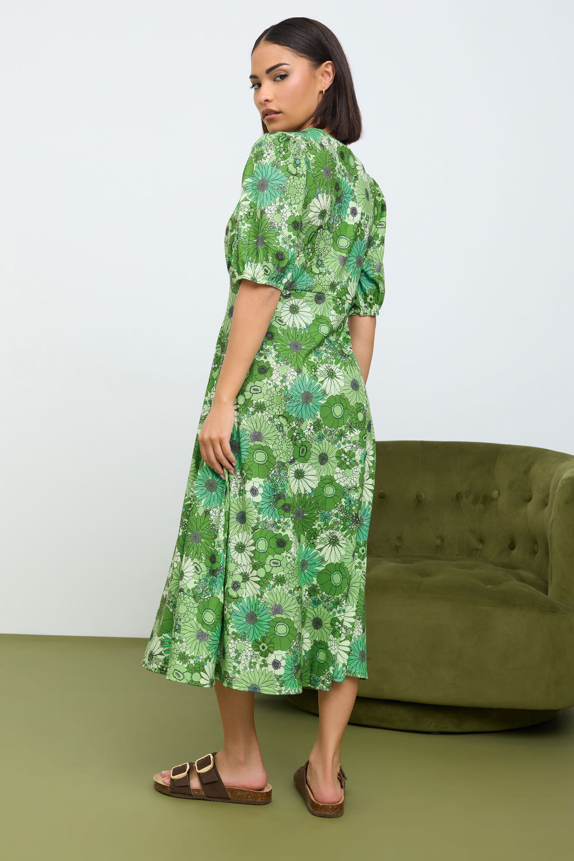 PixieGirl Petite Women's Green Floral Print Midi Tea Dress | PixieGirl 3