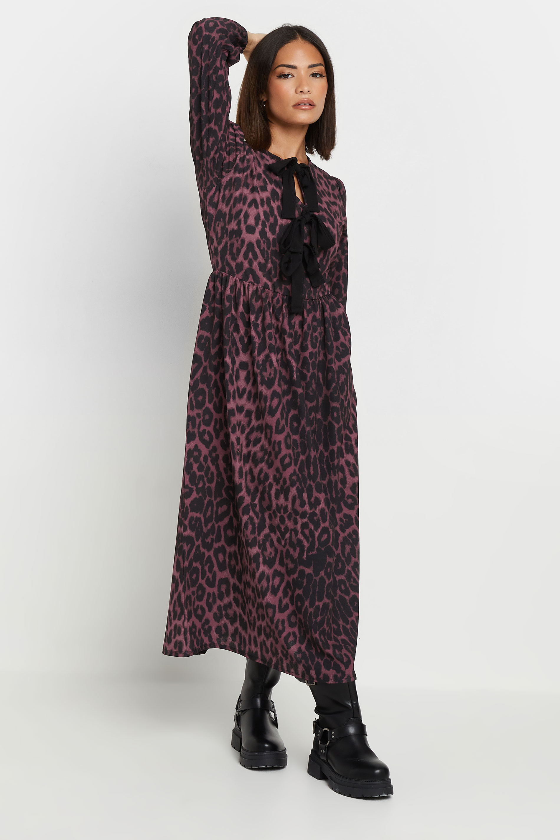 PixieGirl Petite Women's Burgundy Red Leopard Print Tie Bow Dress | PixieGirl 2