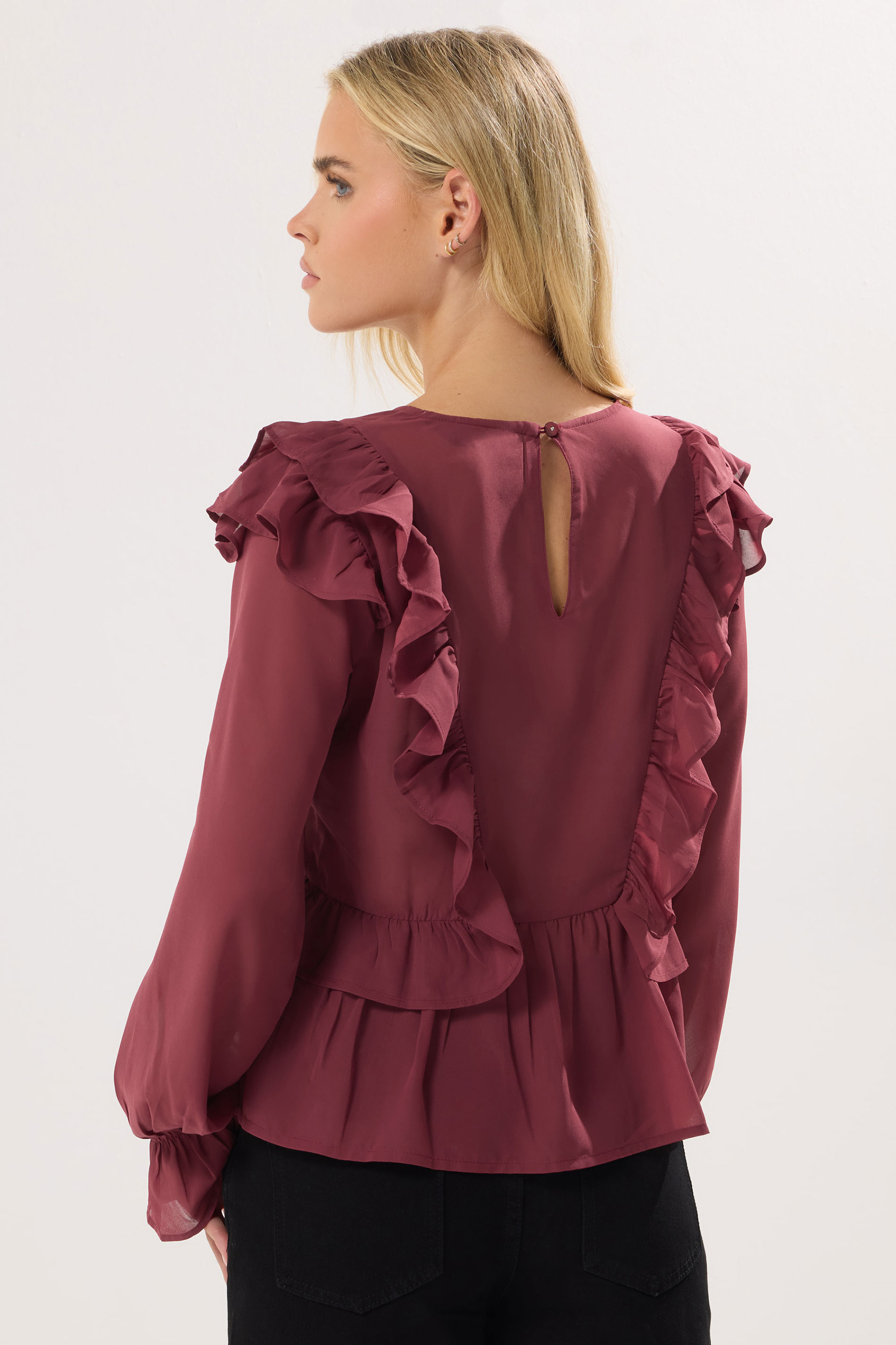 PixieGirl Petite Women's Burgundy Red Frill Shoulder Chiffon Blouse | PixieGirl 3