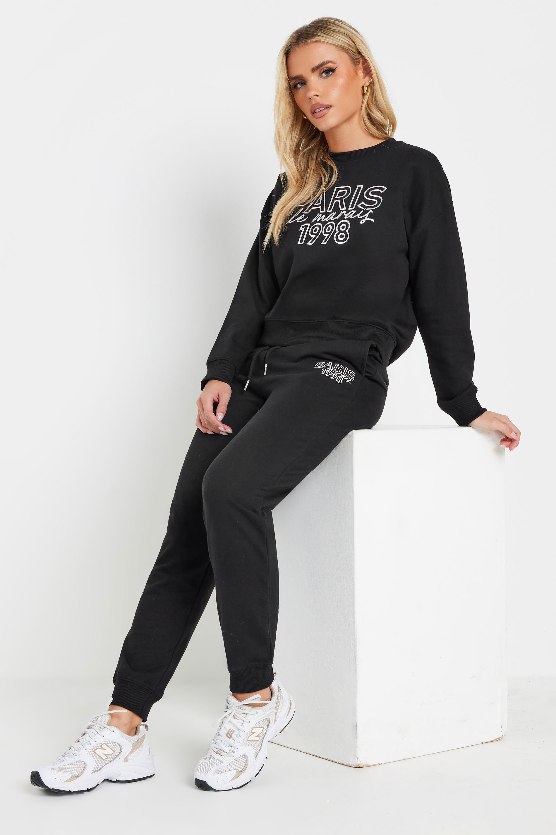 PixieGirl Petite Women's Black Jersey 'Paris' Slogan Cuffed Joggers | PixieGirl 2