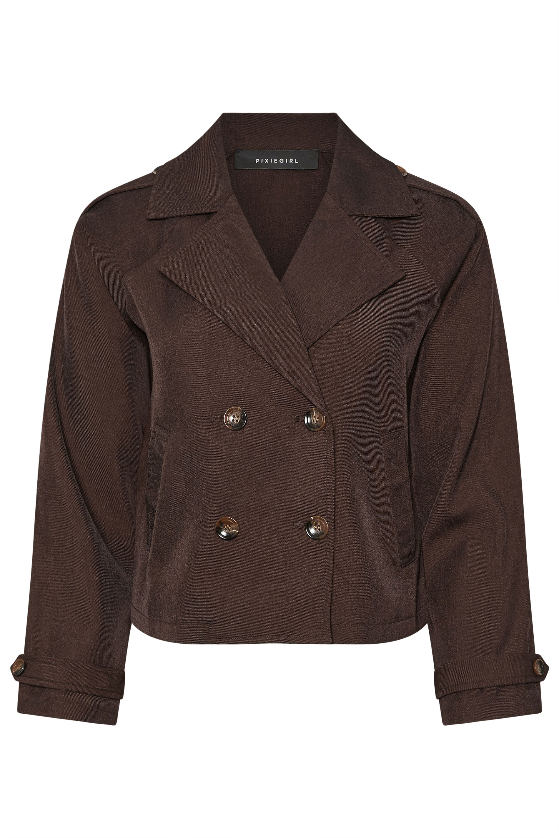 PixieGirl Petite Women's Chocolate Brown Cropped Trench Duster Coat | PixieGirl 5