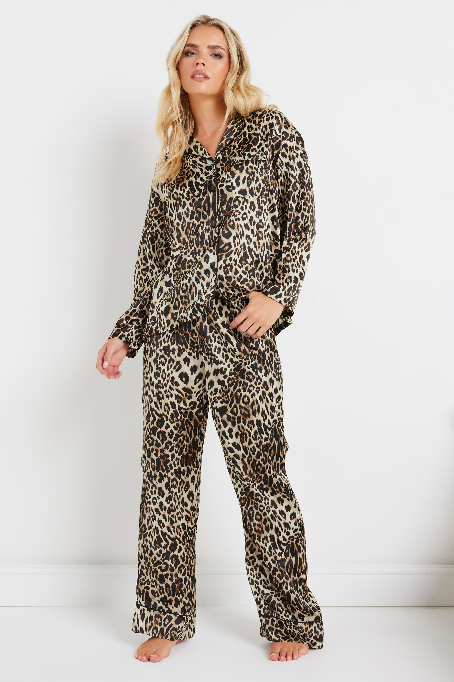PixieGirl Petite Women's Brown Leopard Print Satin Pyjama Set | PixieGirl 2