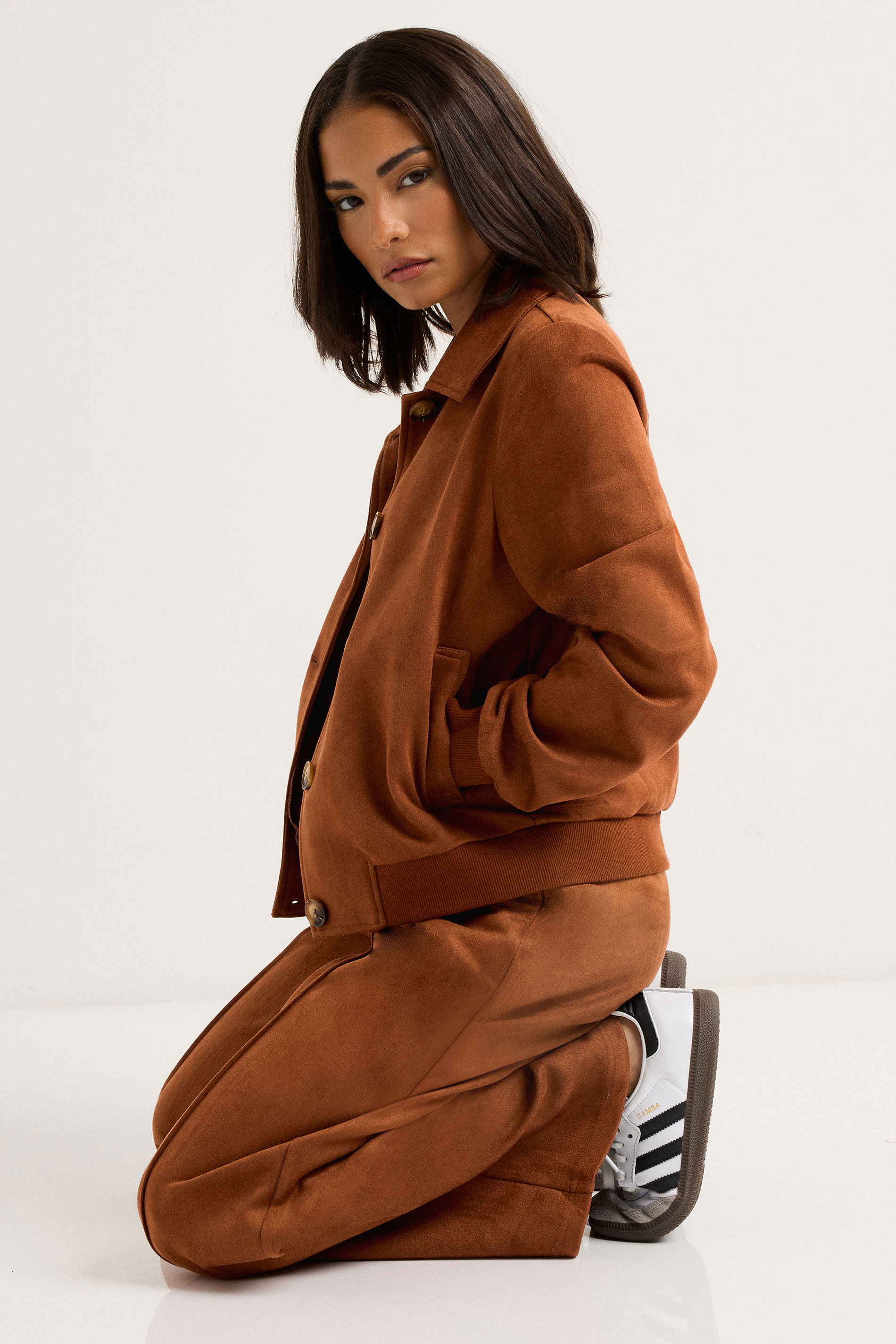 PixieGirl Petite Women's Tan Brown Suedette Collar Bomber Jacket | PixieGirl 4