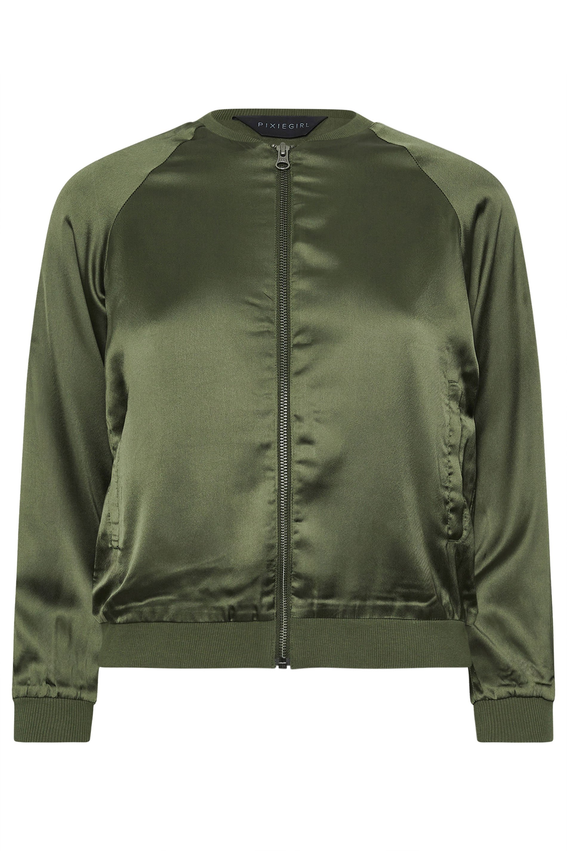 PixieGirl Petite Olive Green Satin Bomber Jacket | PixieGirl  6