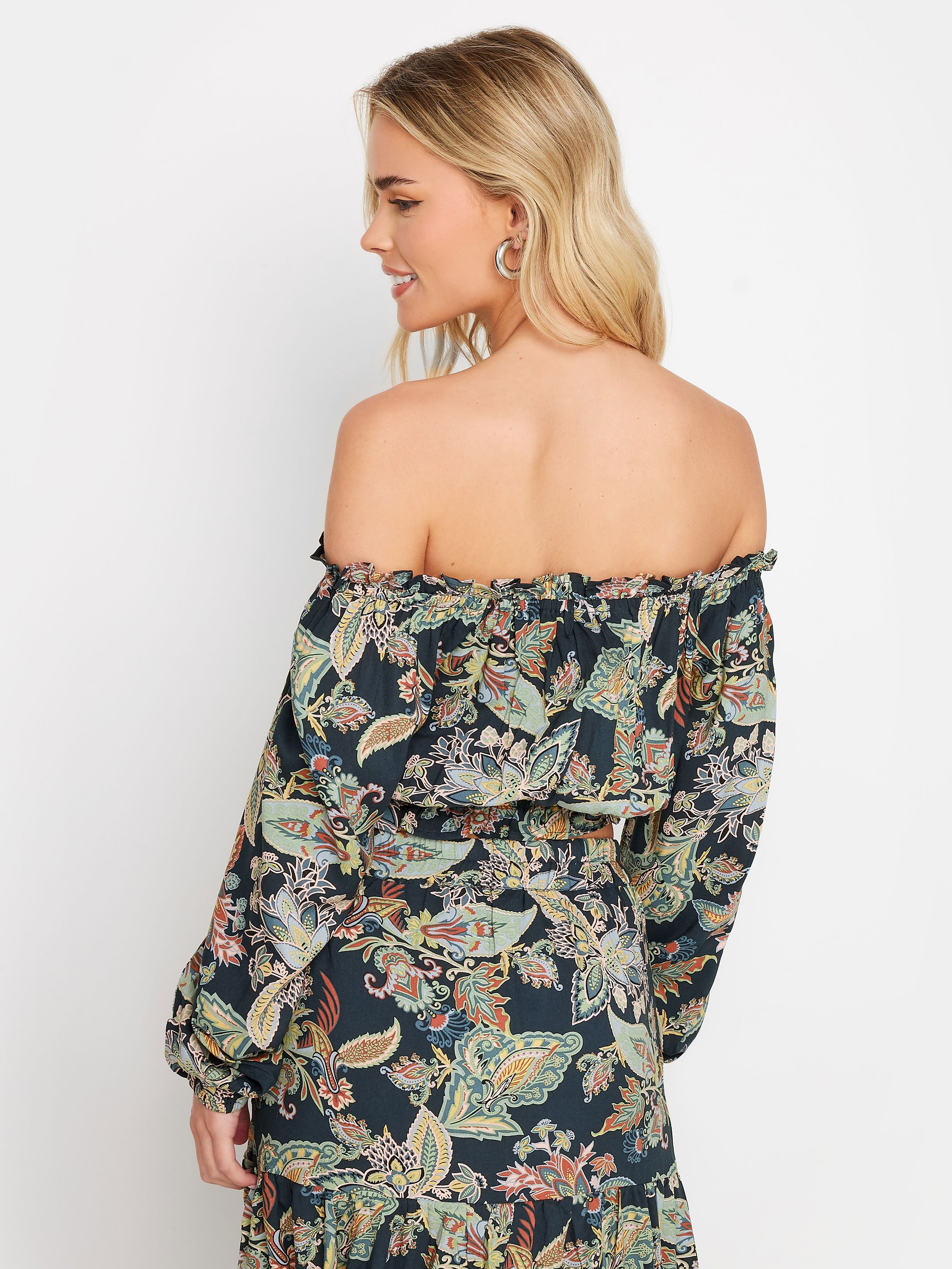 PixieGirl Petite Navy Blue Paisley Print Bardot Top | PixieGirl 3