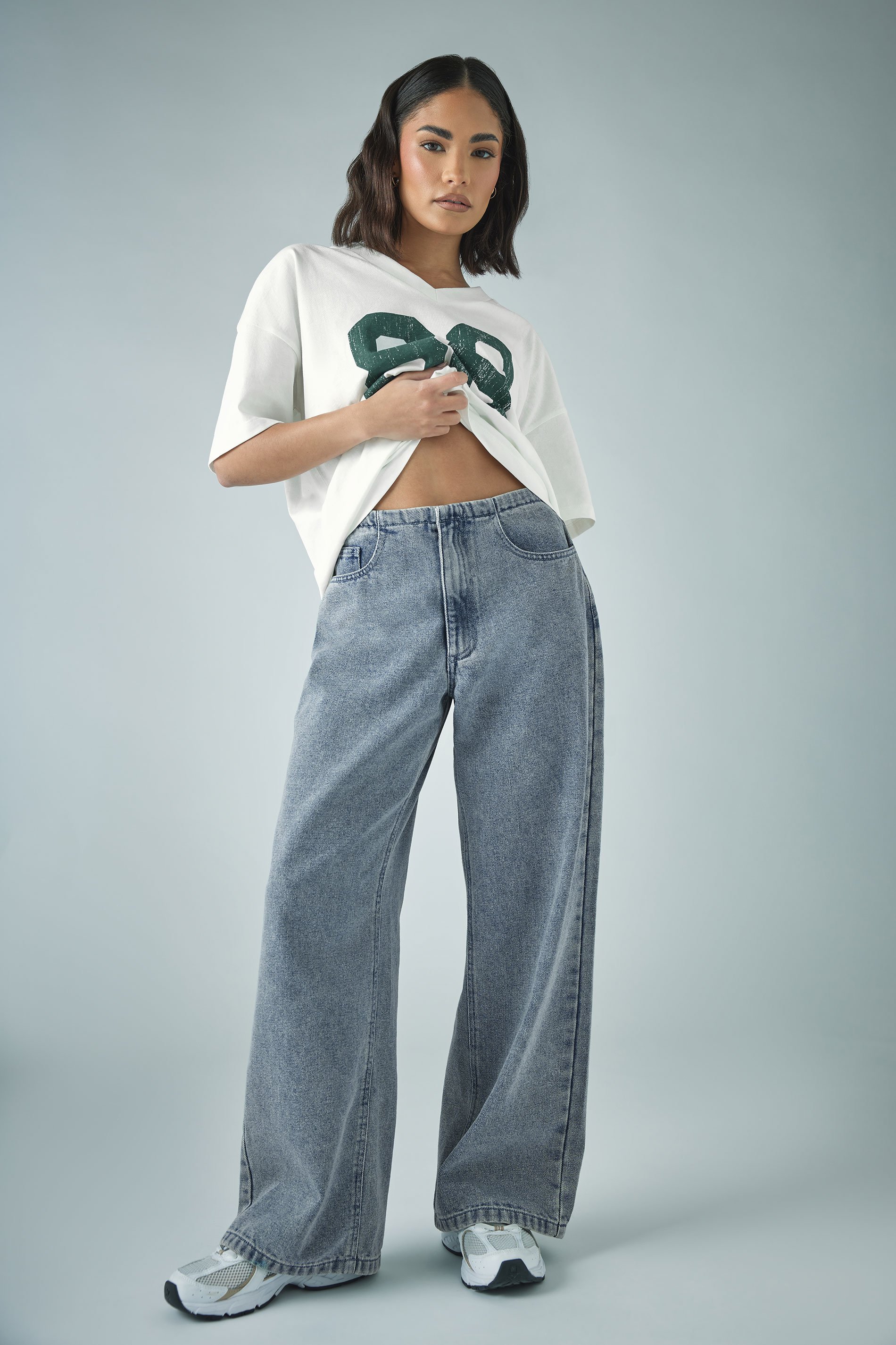 PixieGirl Petite Women's Blue Denim Thin Waistband Wide Leg Jeans | PixieGirl  1