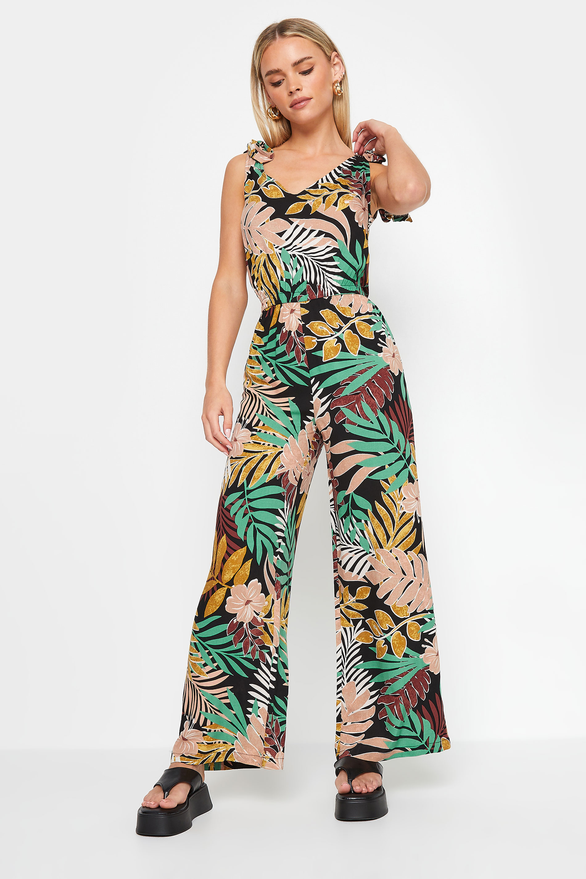 PixieGirl Petite Women's Black Tropical Print Wide Leg Jumpsuit | PixieGirl 2