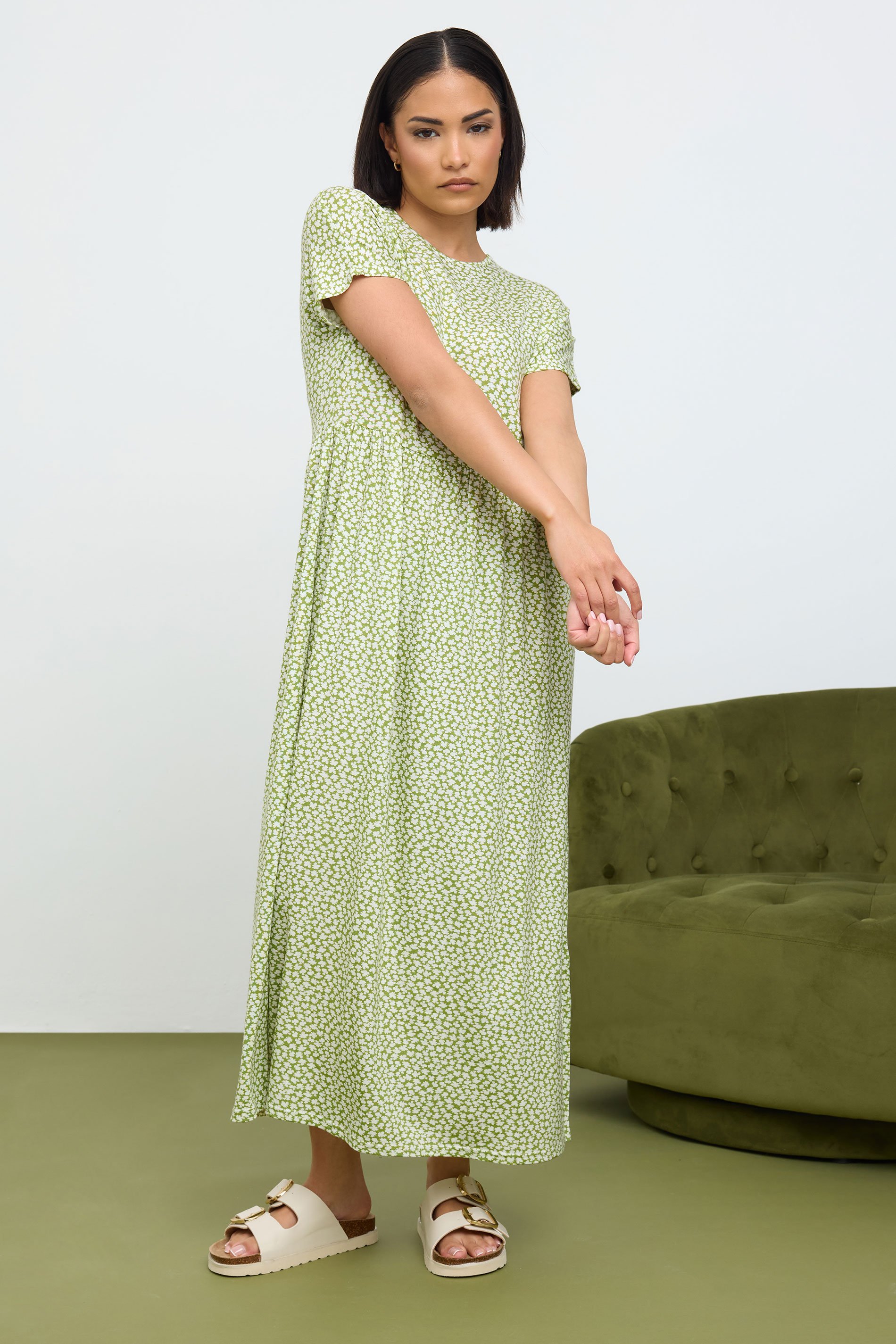 PixieGirl Petite Women's Sage Green Ditsy Floral Print Midi Smock Dress | PixieGirl 1