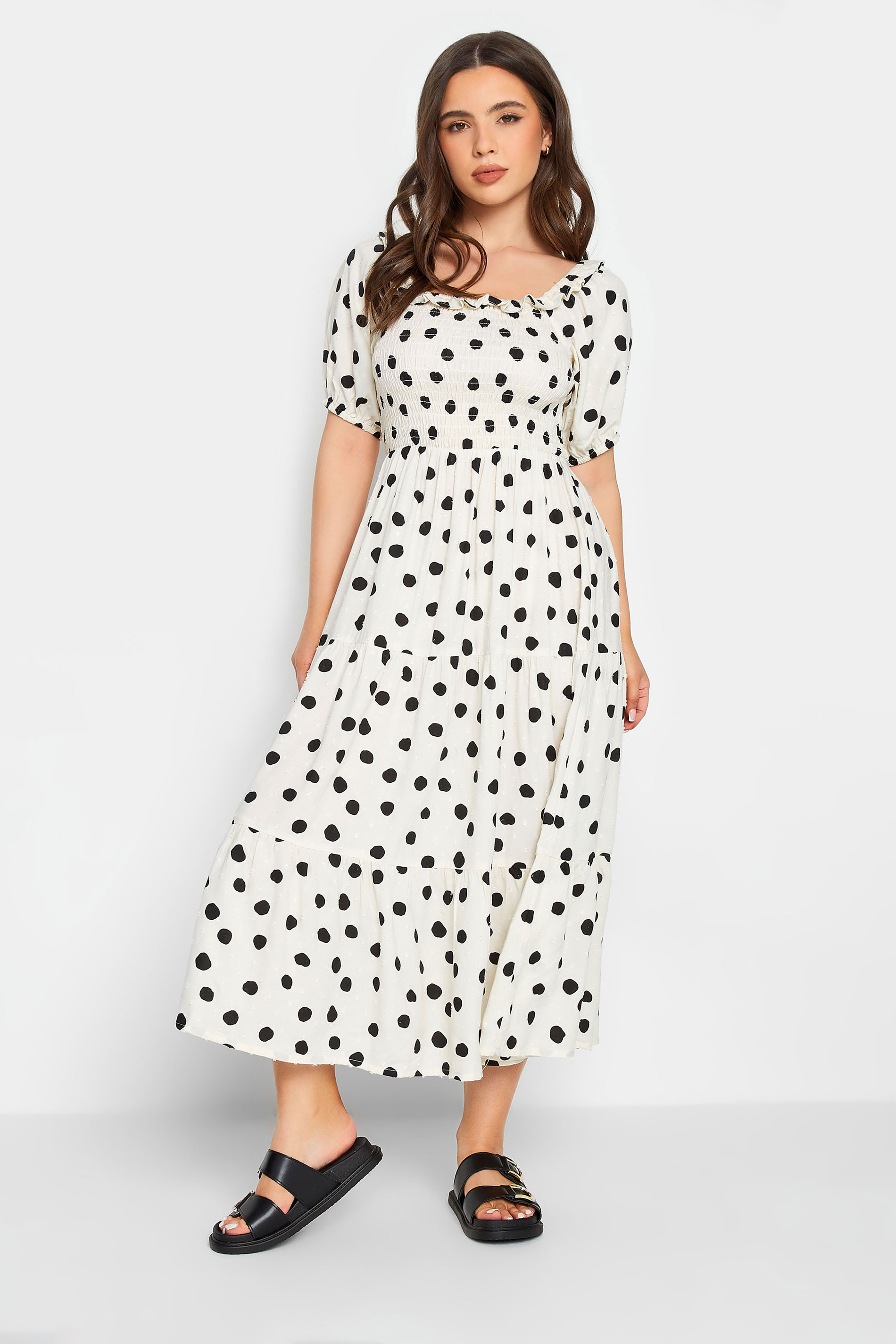 PixieGirl White Polka Dot Puff Sleeve Maxi Dress | PixieGirl 1
