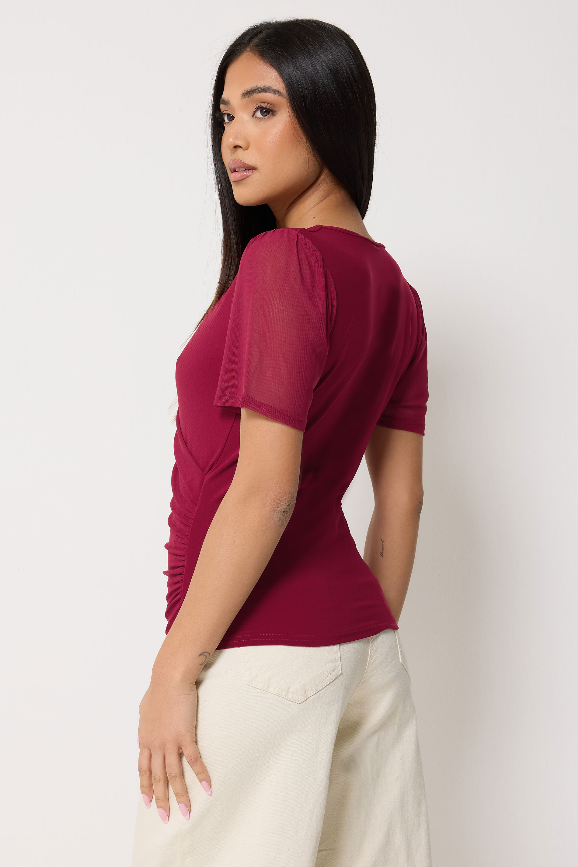 M&Co Petite Berry Red Mesh Wrap Top | M&Co 2