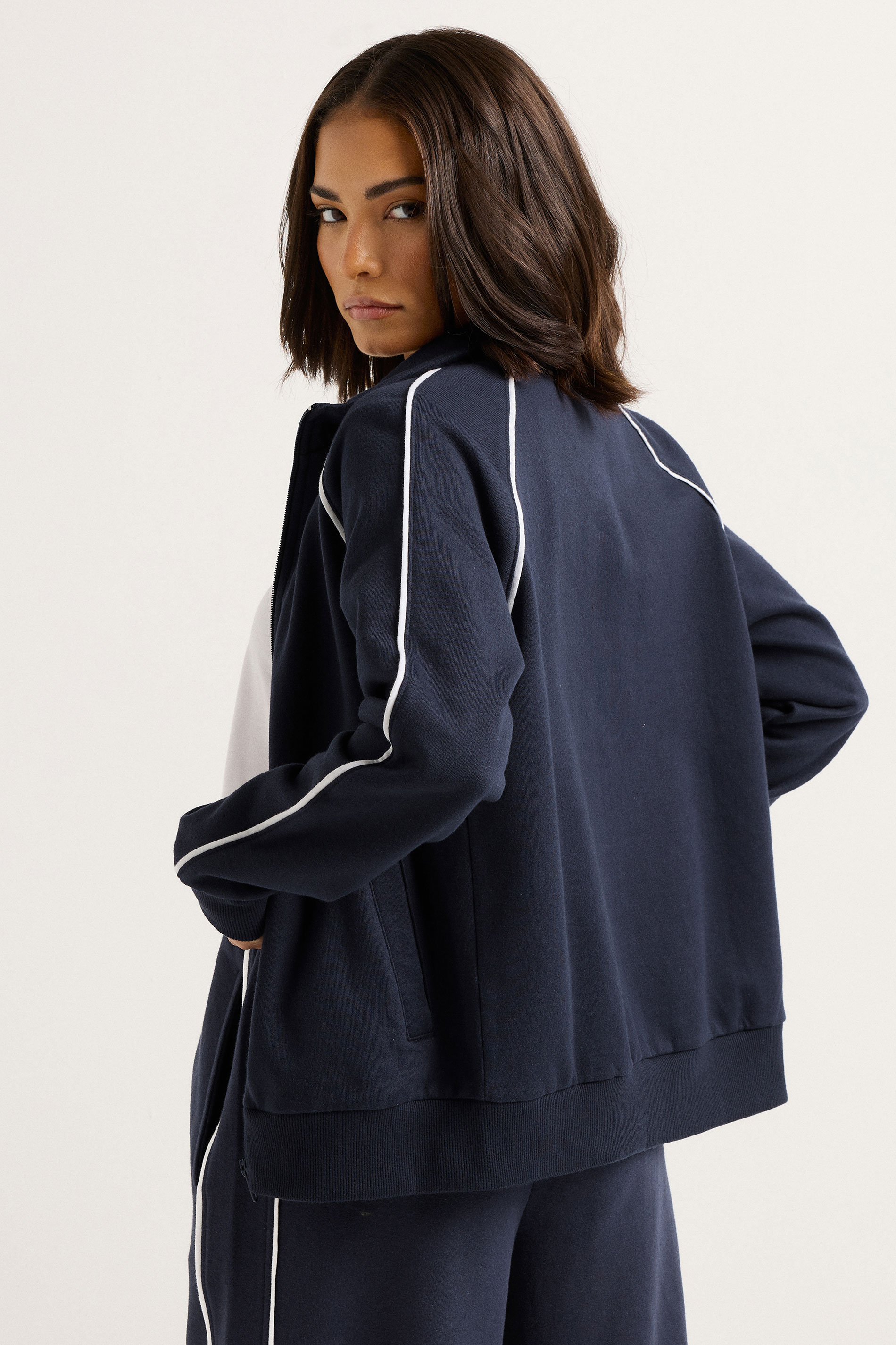 PixieGirl Petite Women's Navy Blue Contrast Piping Zip Sweatshirt | PixieGirl 5