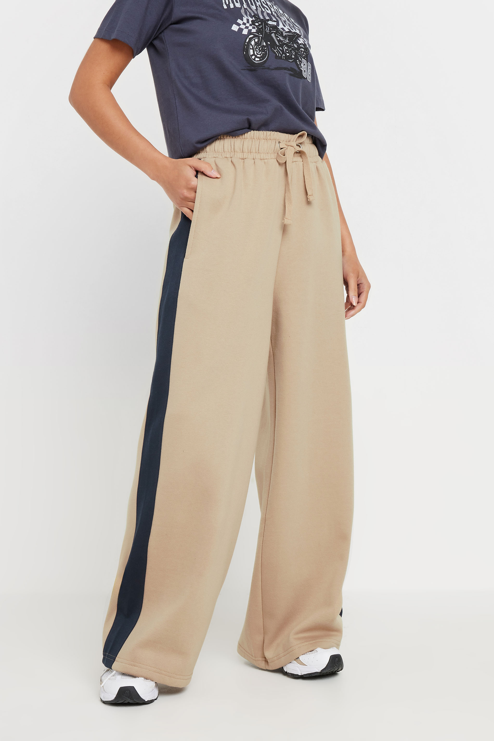 PixieGirl Petite Women's Beige Brown Side Striped Wide Leg Jogger | PixieGirl 3
