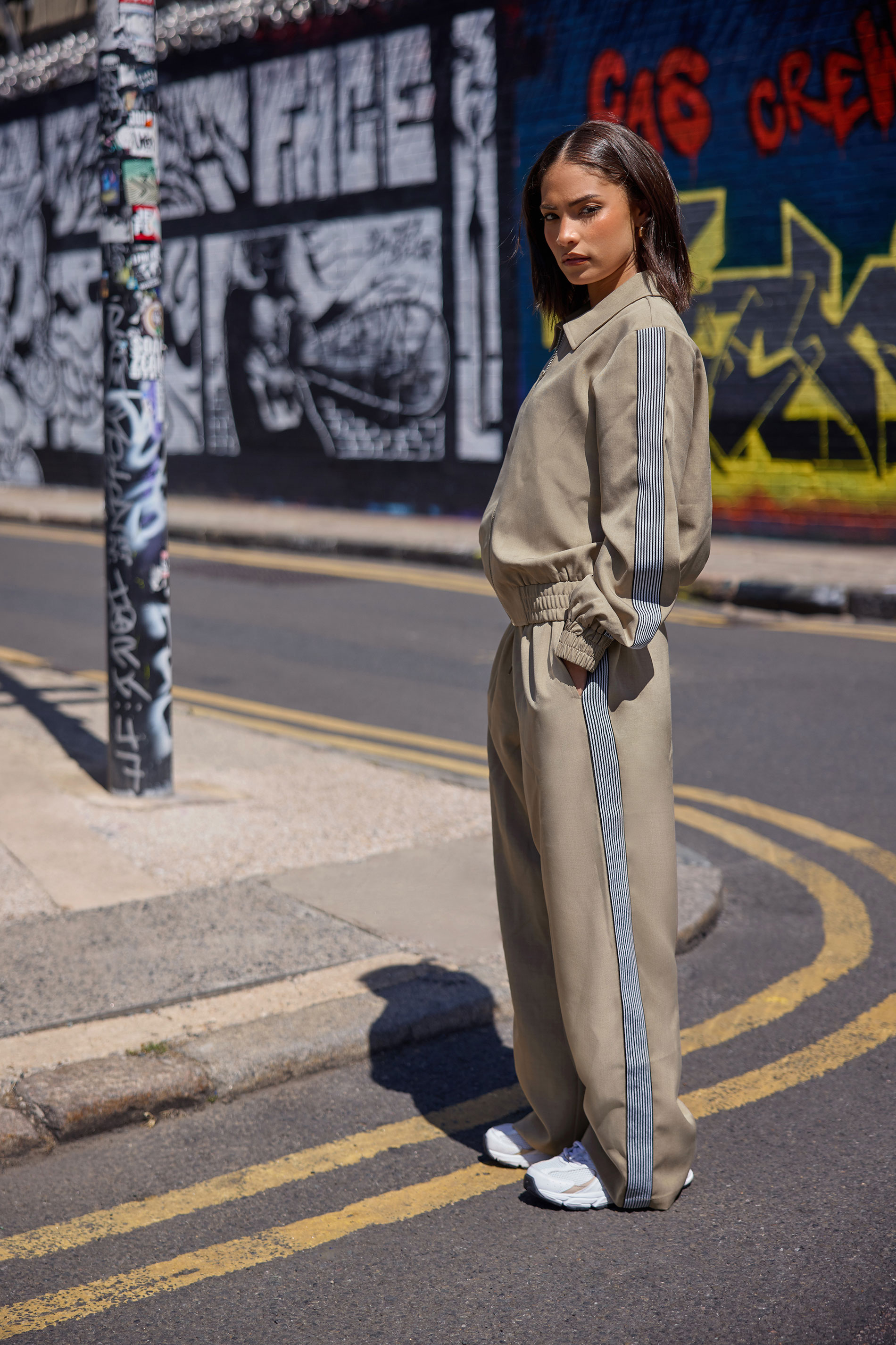 PixieGirl Petite Women's Beige Brown Side Stripe Wide Leg Trouser | PixieGirl 1