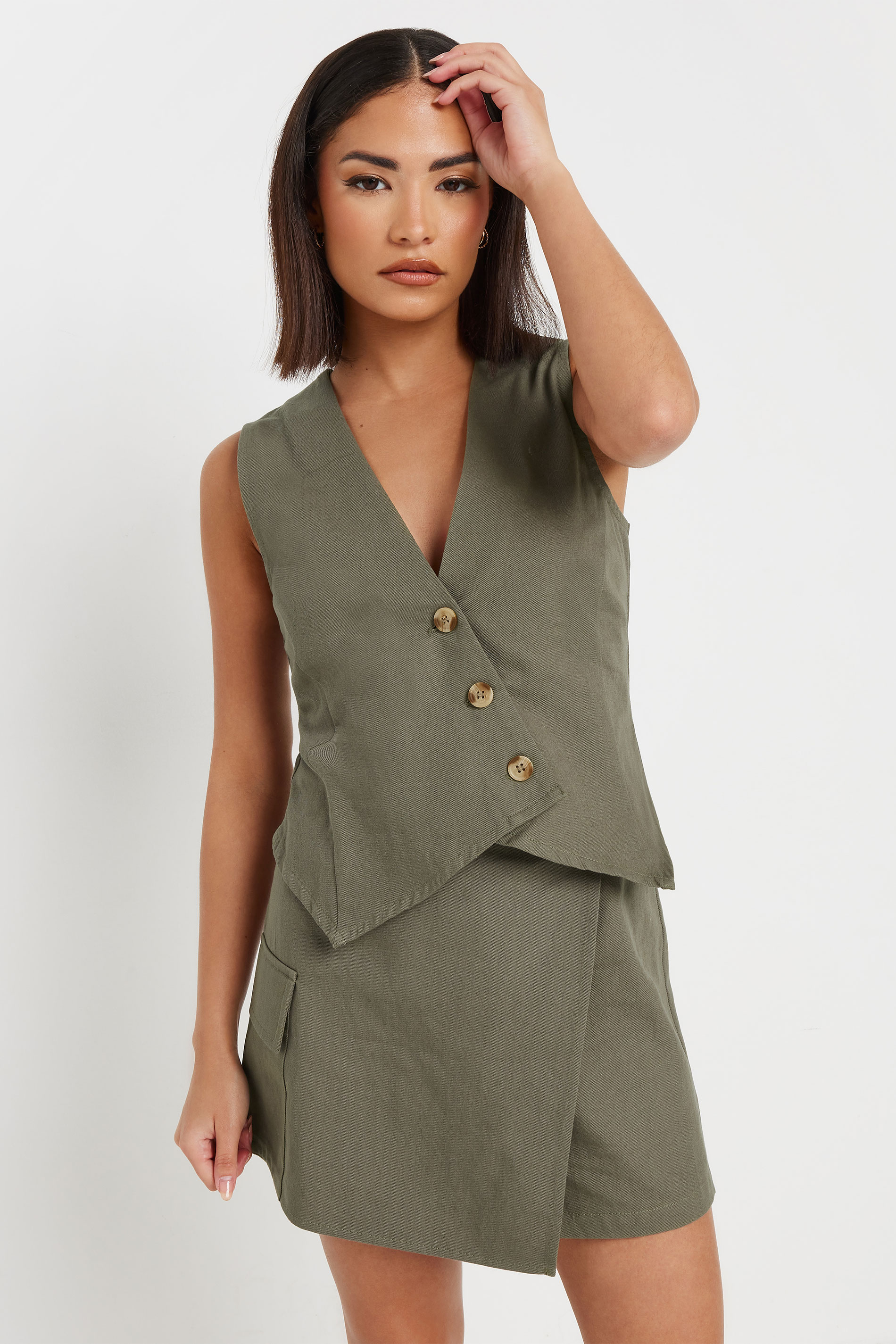 PixieGirl Petite Women's Khaki Green Asymmetric Button Waistcoat | PixieGirl 6