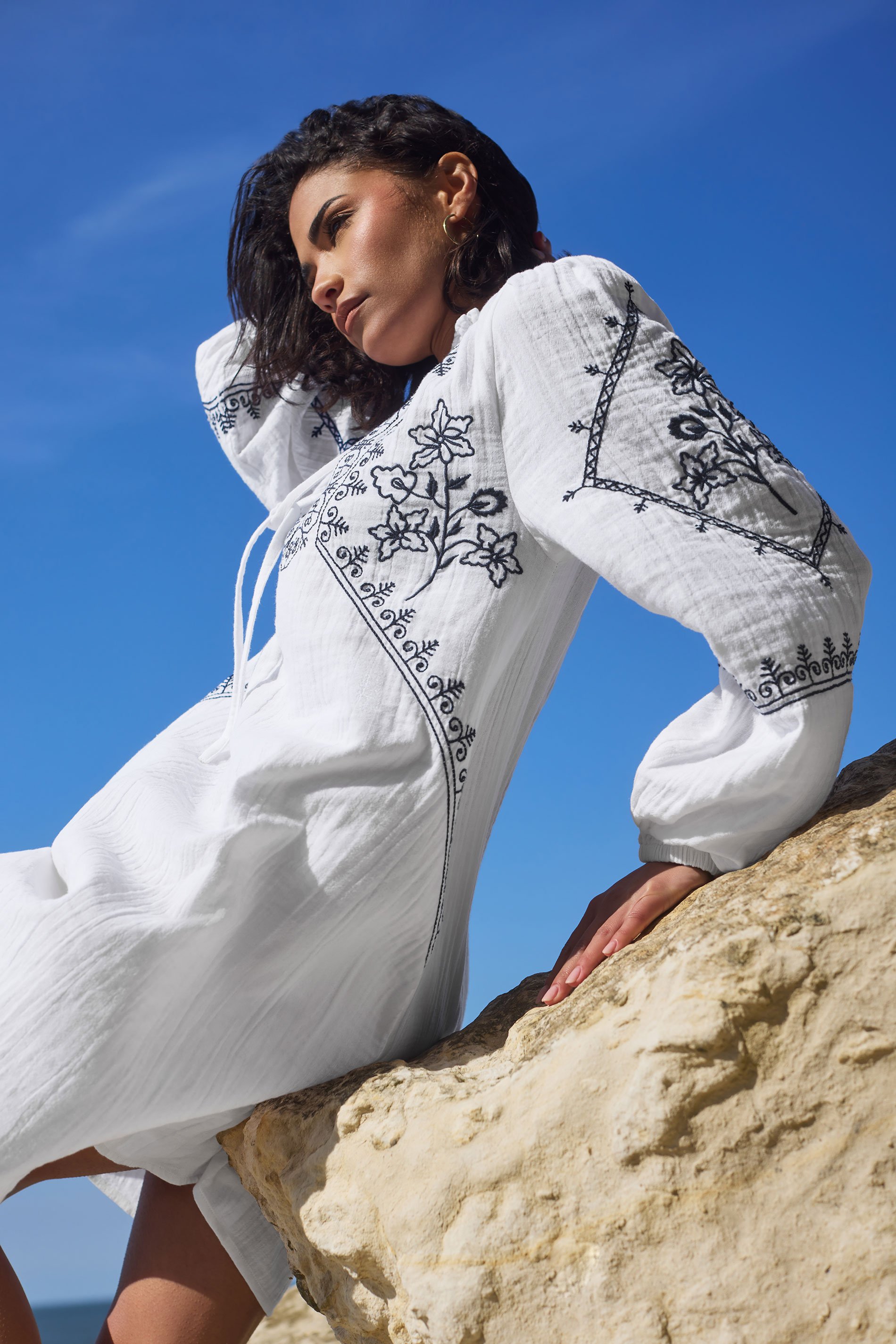 PixieGirl Petite Women's White Cotton Embroidered Smock Dress | PixieGirl 2
