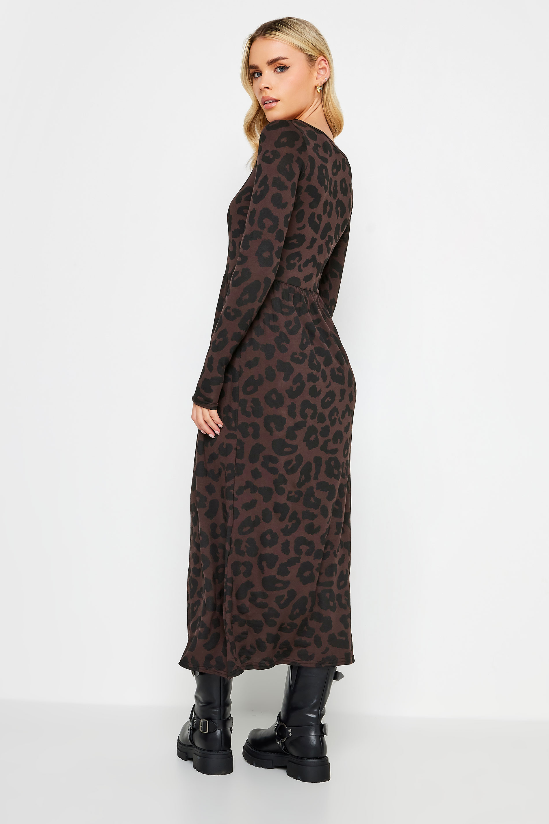PixieGirl Petite Brown Leopard Print Long Sleeve Midi Dress | PixieGirl  3