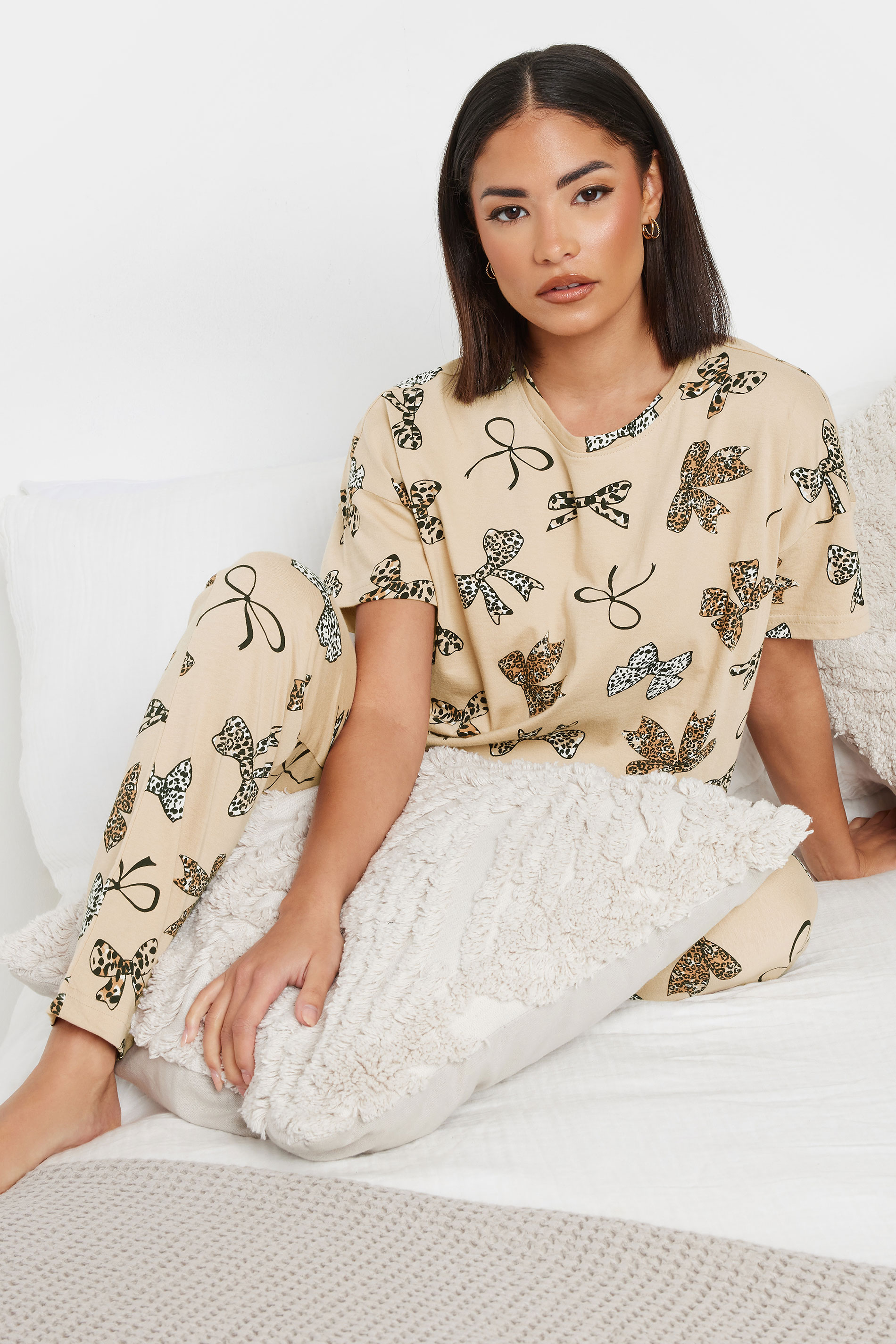 PixieGirl Petite Women's Beige Brown Animal Bow Graphic Tapered Pyjama Set | PixieGirl 4