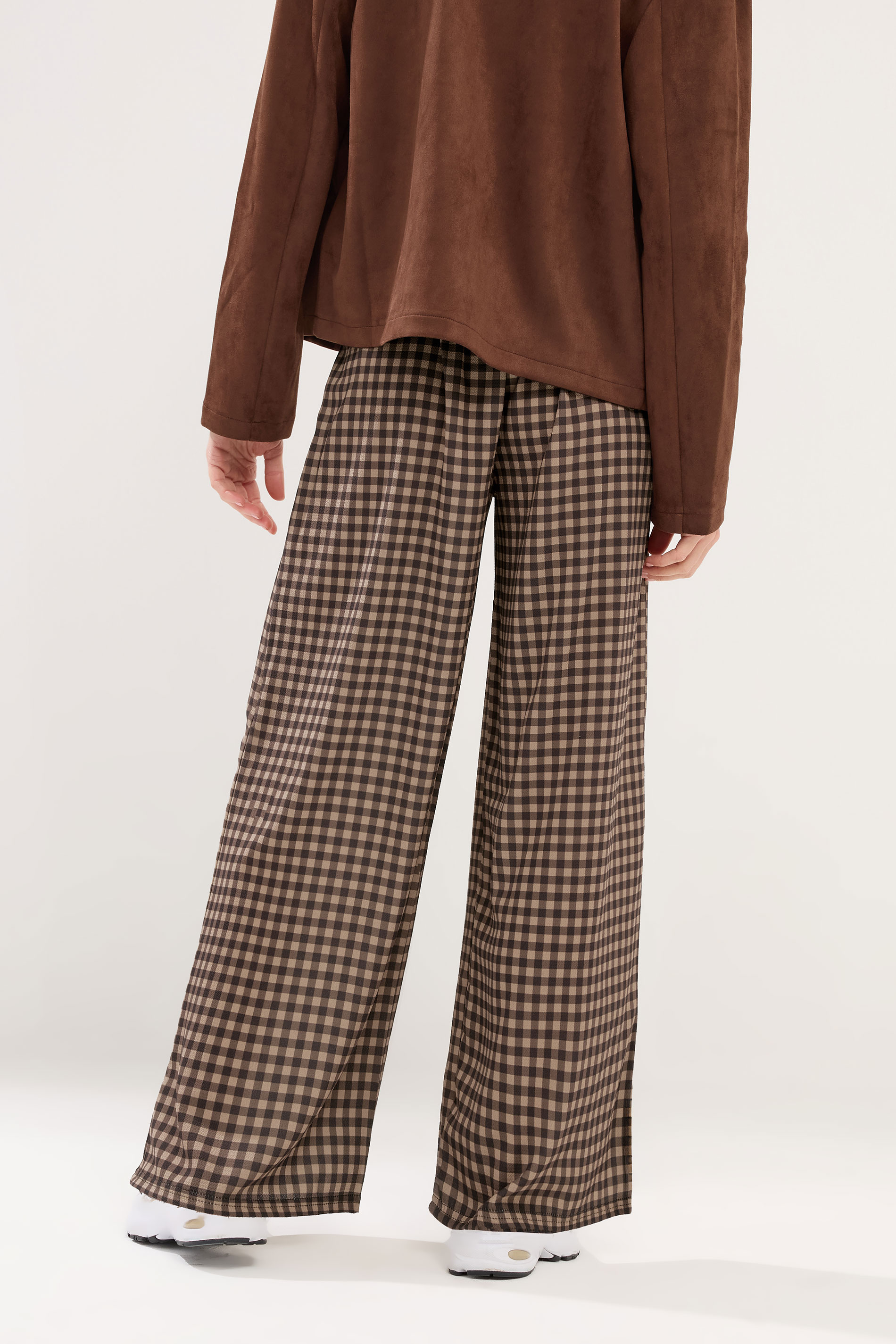 PixieGirl Petite Women's Chocolate Brown Gingham Wide Leg Trousers | PixieGirl 3