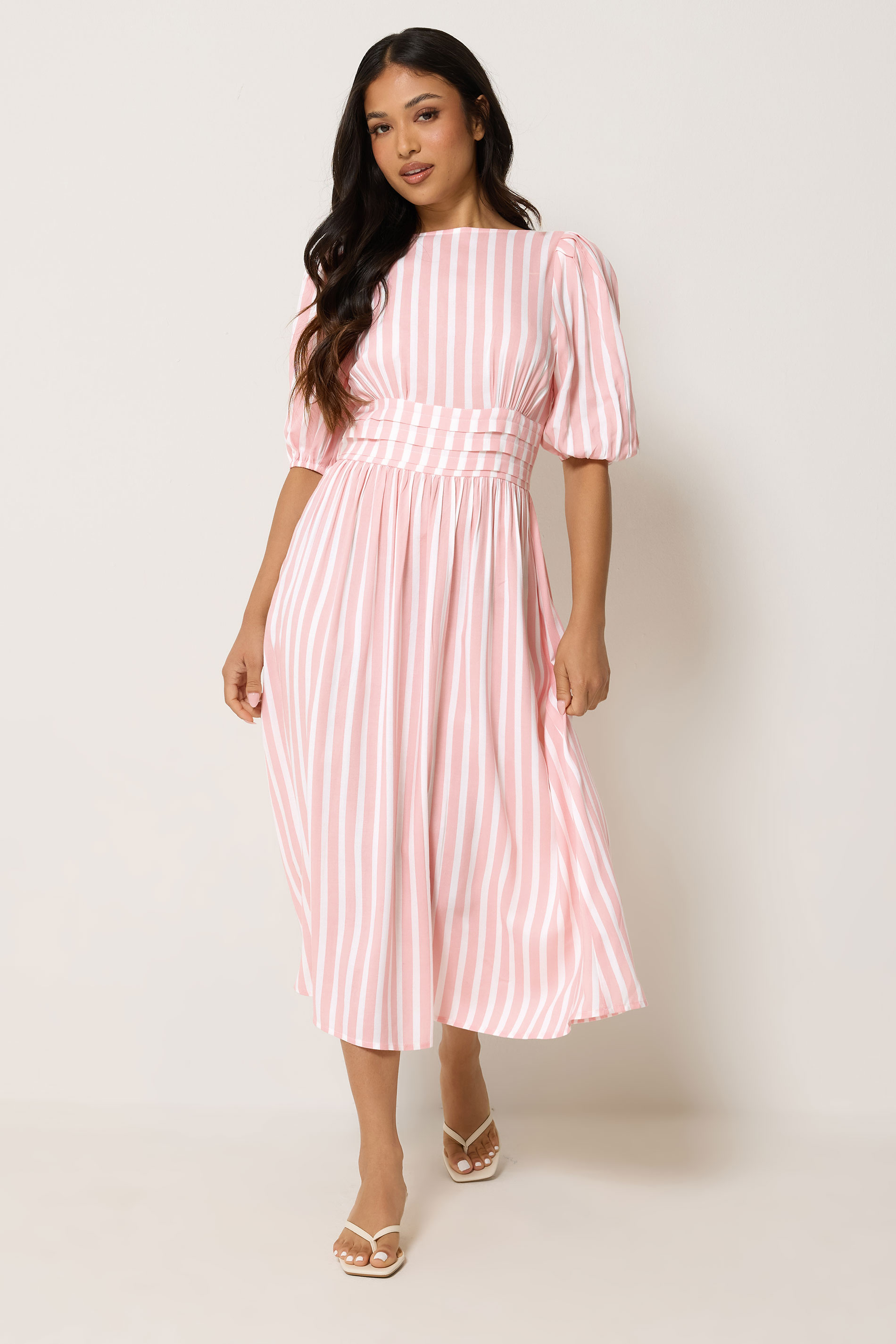 PixieGirl Petite Women's Pink Stripe Puff Sleeve Midi Dress | PixieGirl 3