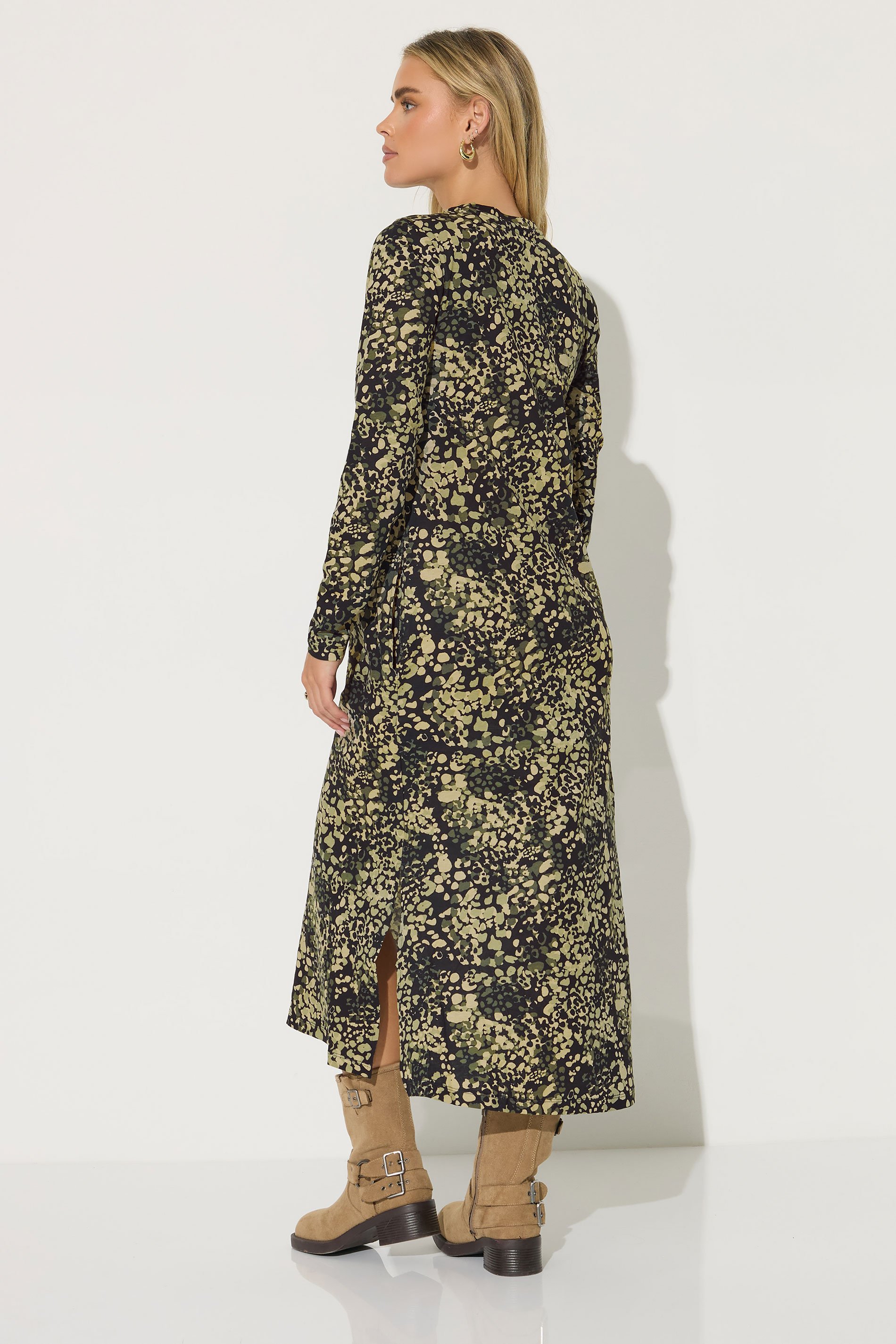 PixieGirl Petite Women's Khaki Green Abstract Animal Long Sleeve T-Shirt Dress | PixieGirl 4