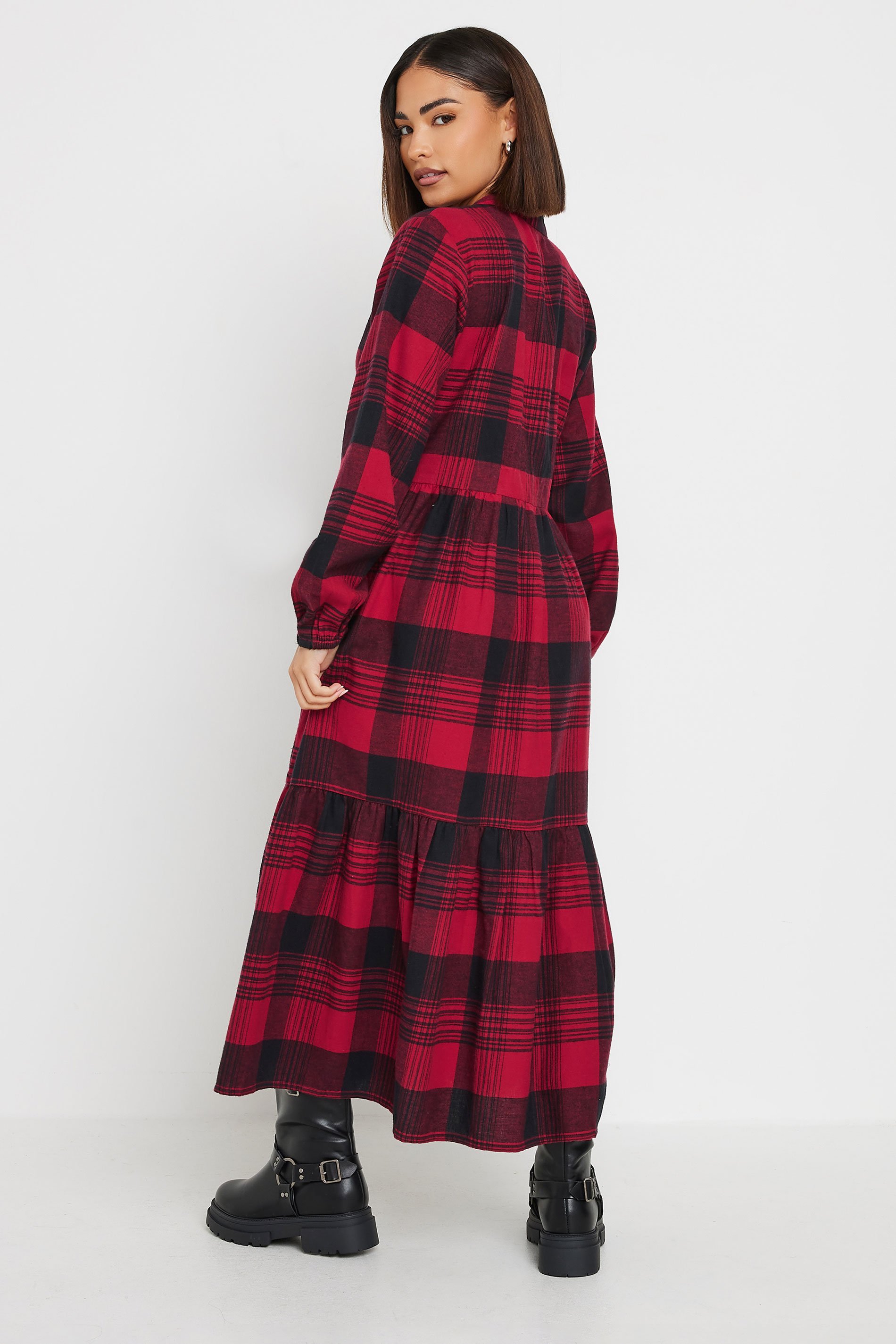PixieGirl Petite Women's Burgundy Red Check Tiered Midaxi Dress | PixieGirl 3
