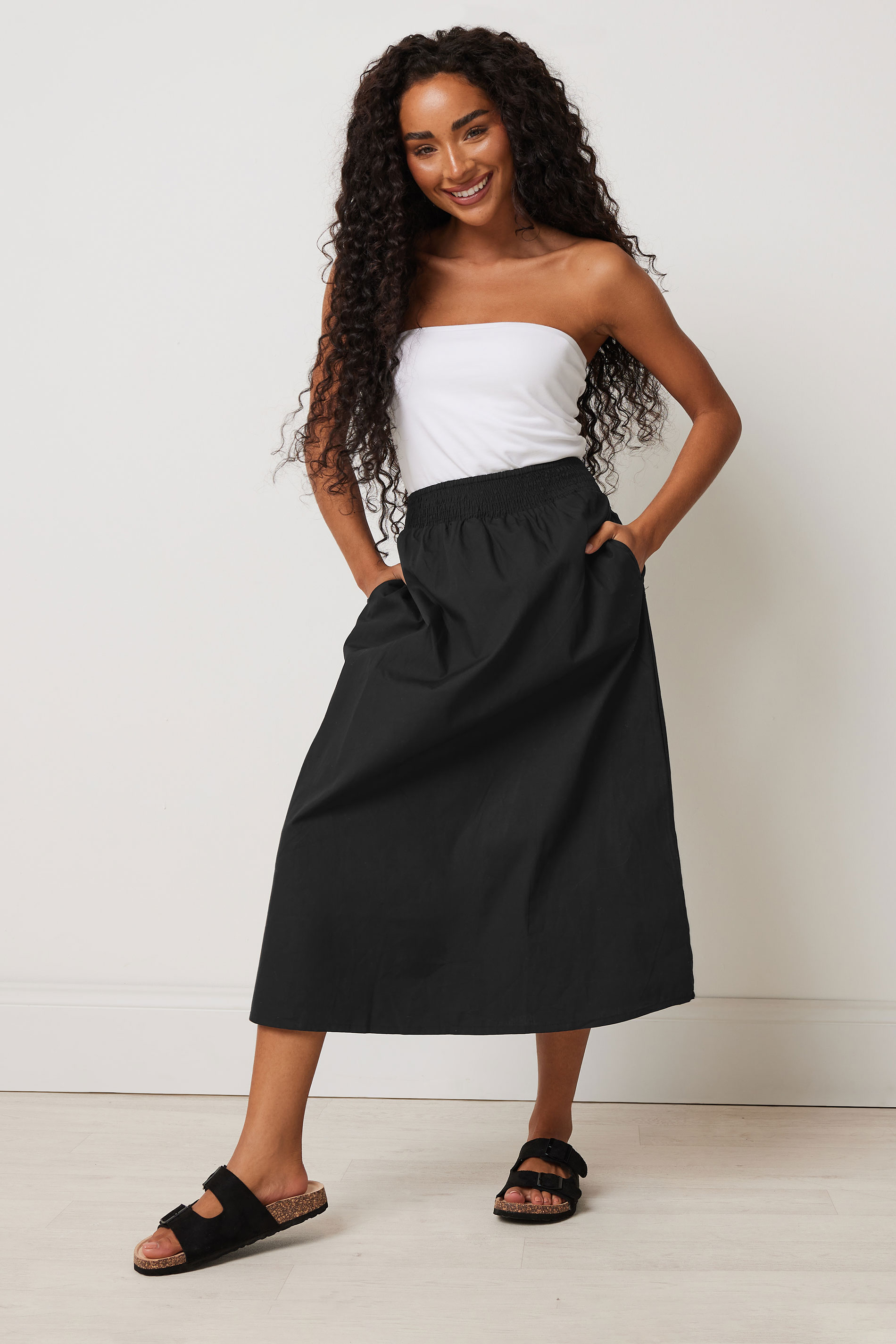 M&Co Petite Black Cotton Pocket Detail Midi Skirt | M&Co 1