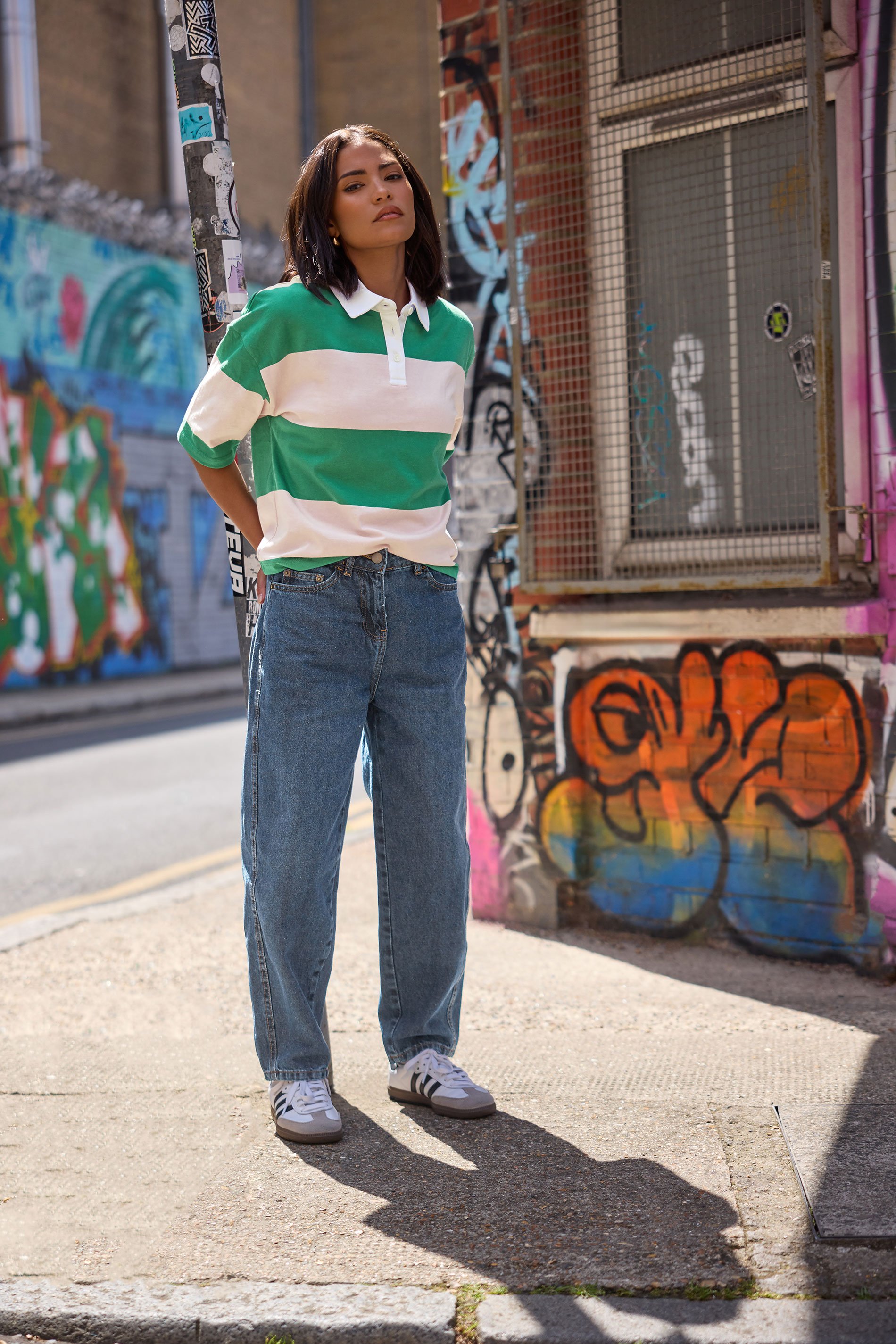 PixieGirl Petite Women's Green & Pink Cotton Striped Rugby Collar T-Shirt | PixieGirl 1